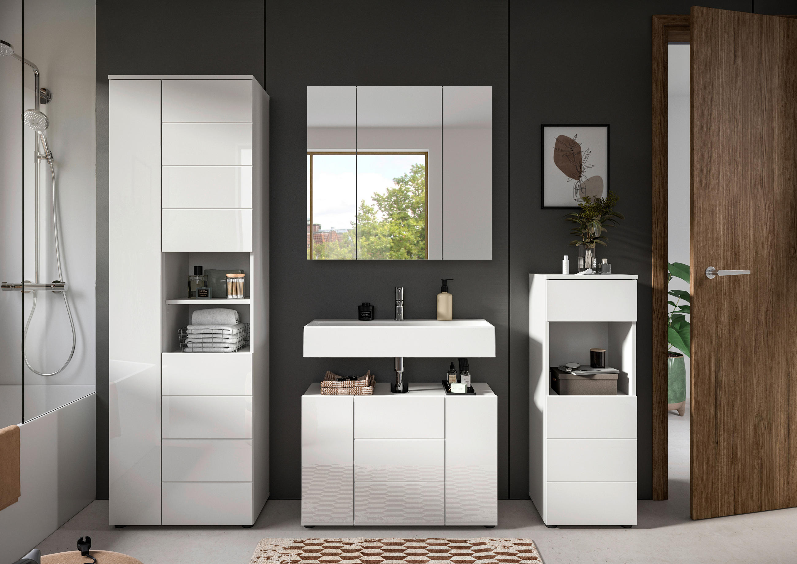 BADEZIMMER 4-teilig  in 180 cm  - Weiß Hochglanz/Schwarz, MODERN, Holzwerkstoff/Kunststoff (180cm) - MID.YOU