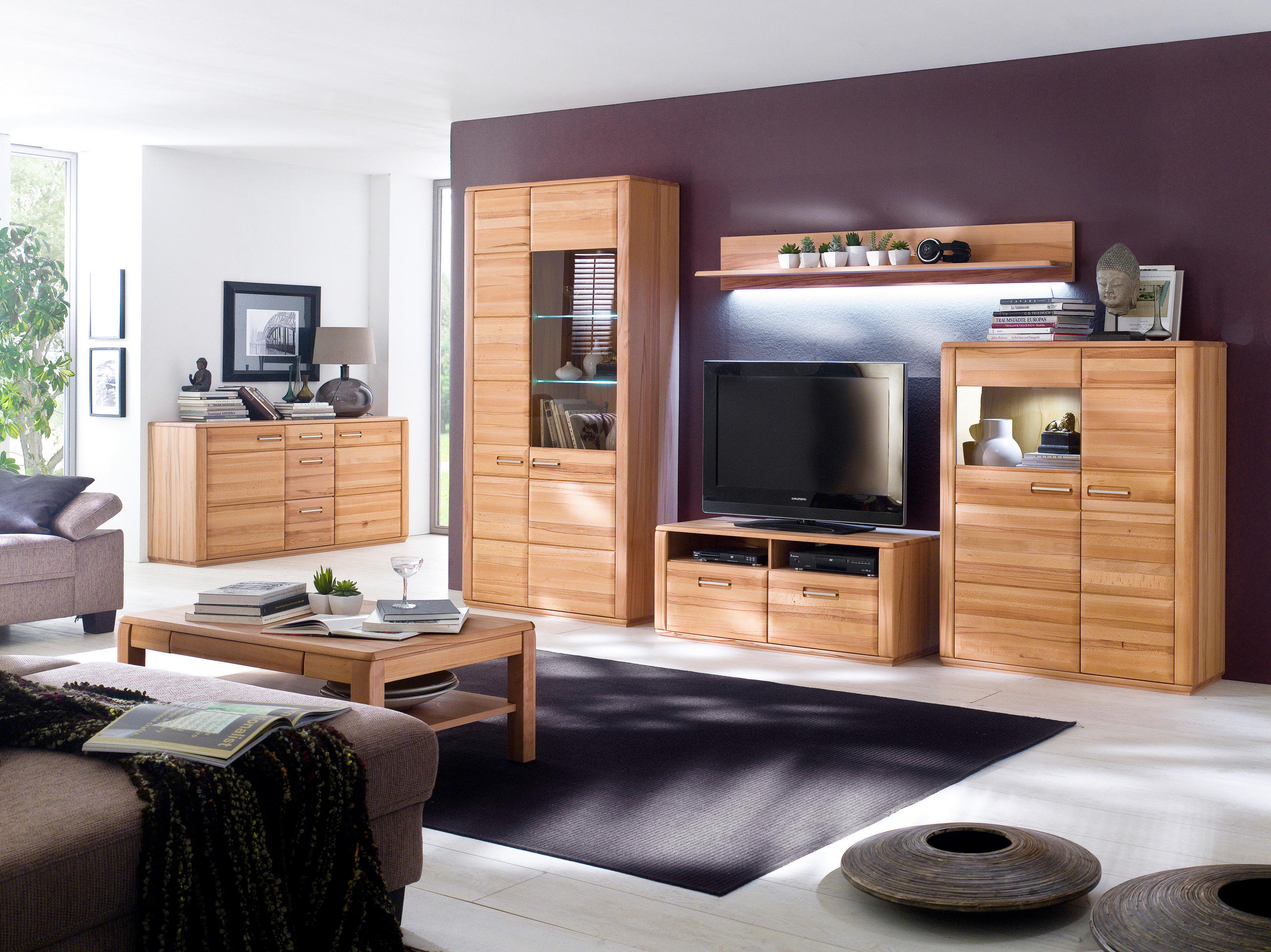 WOHNWAND  in Buchefarben  357/209/51 cm  - Silberfarben/Buchefarben, Design, Glas/Holz (357/209/51cm) - Livetastic