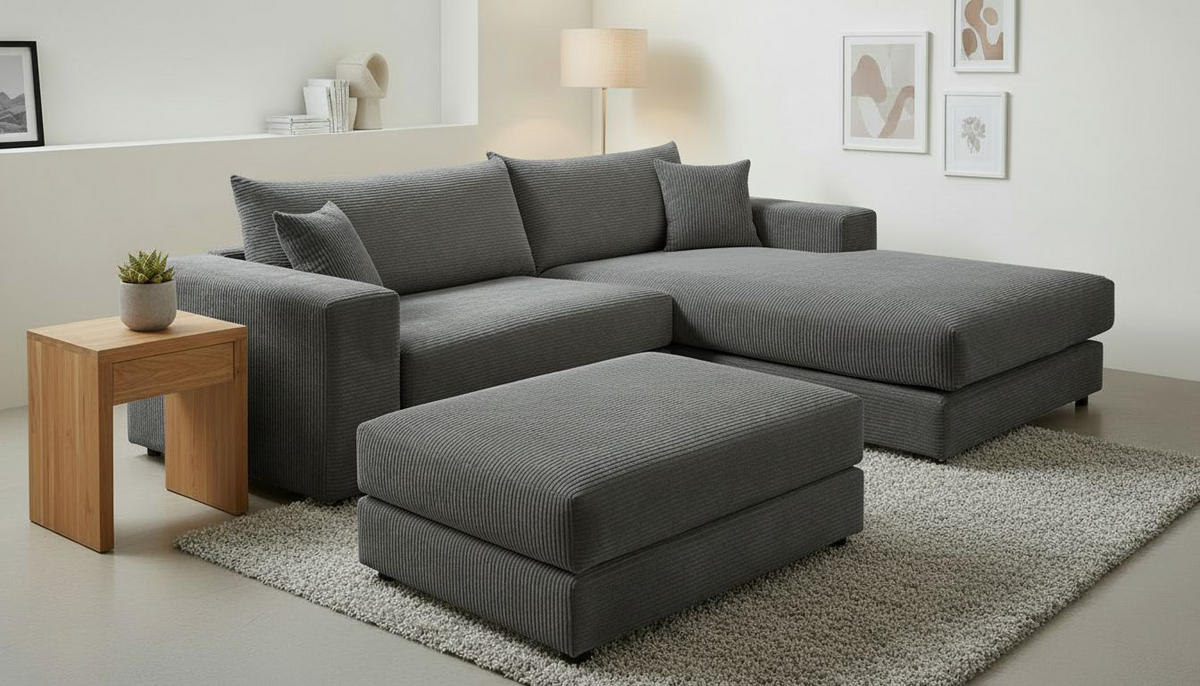 ECKSOFA FUNNY S Dunkelgrau Cord, Velours Zierkissen, Rückenkissen, Hocker  - Dunkelgrau/Schwarz, Basics, Kunststoff/Textil (265/180cm) - Livetastic