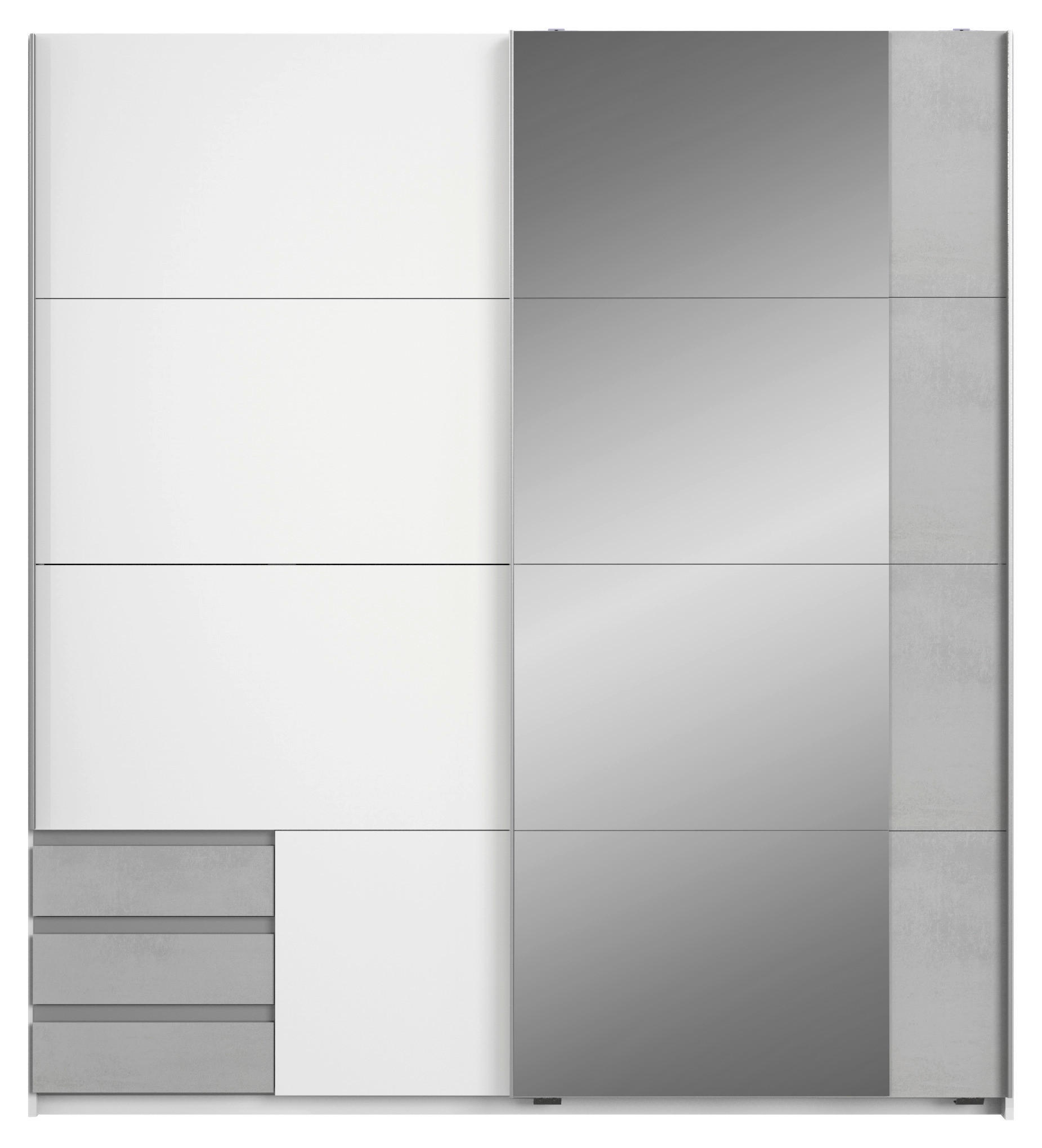 Thumbnail - Boxxx Schwebetürenschrank, Weiß, Hellgrau, Metall, Betonoptik, 5 Fächer, 3 Schublade(n) Schubladen, 179x198x64 cm, Made ...