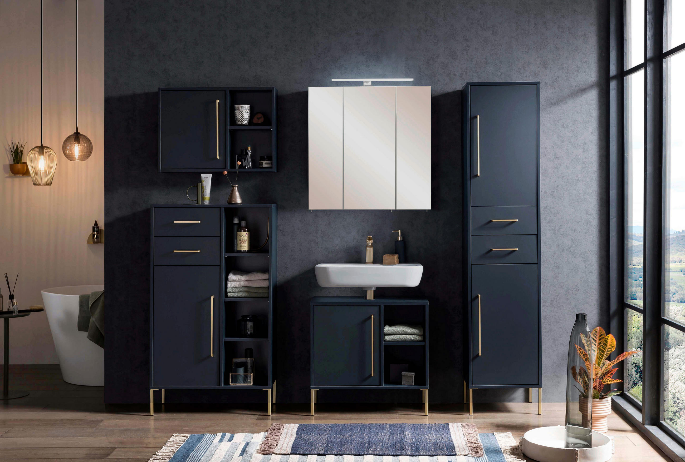 MIDISCHRANK 67,1/117,4/33,1 cm  - Goldfarben/Dunkelblau, MODERN, Holzwerkstoff/Metall (67,1/117,4/33,1cm) - Stylife