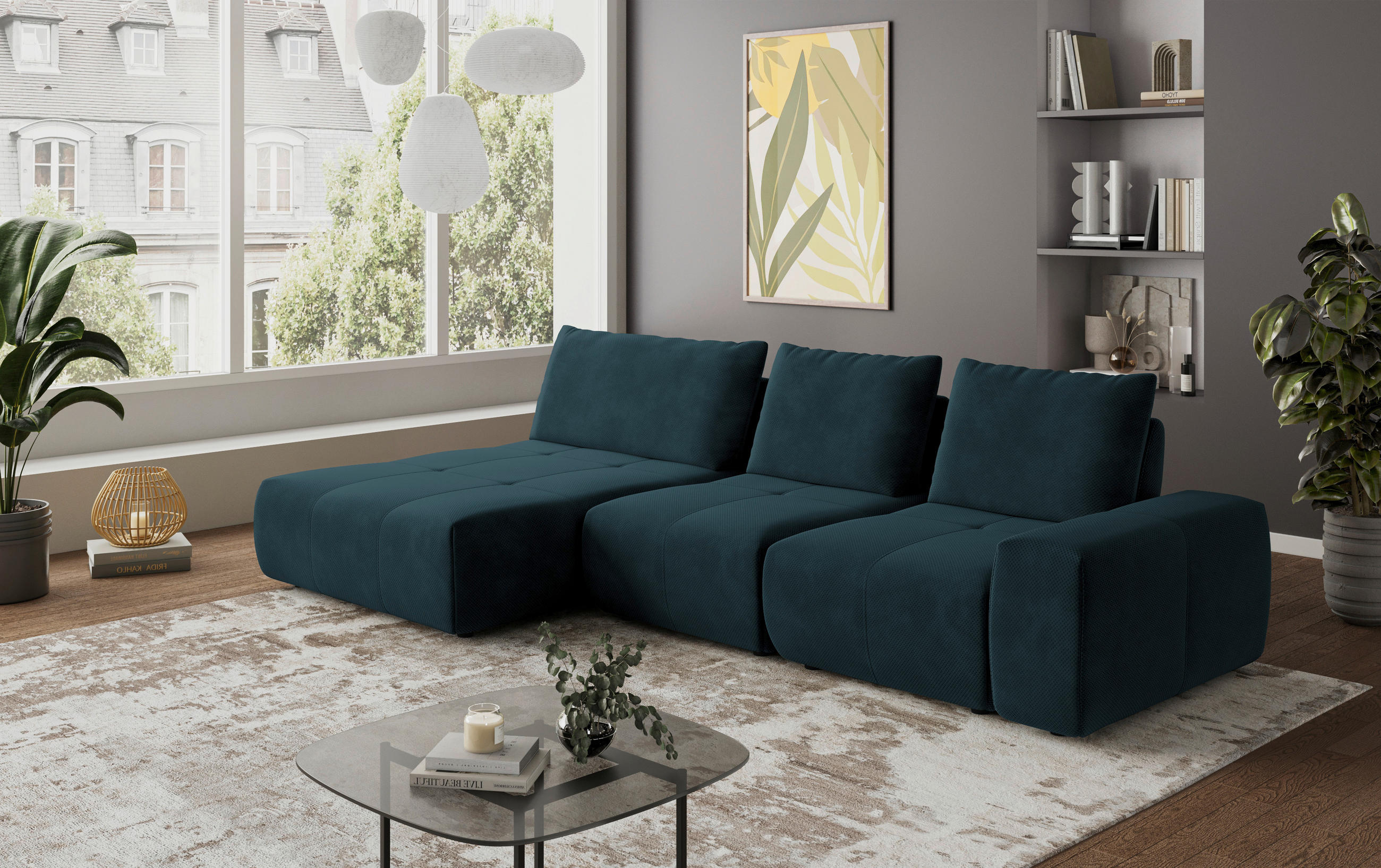 ECKSOFA  in Velours Dunkelblau  174/347 cm  - Schwarz/Dunkelblau, Design, Kunststoff/Textil (174/347cm) - Xora