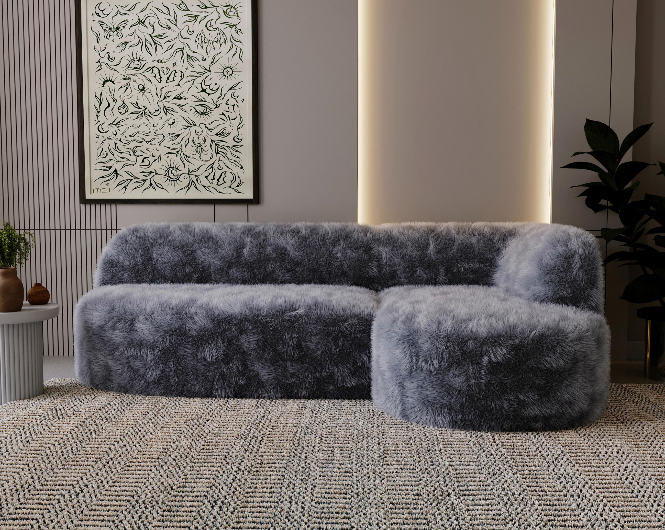 ECKSOFA Teddystoff Dunkelgrau  - Dunkelgrau/Schwarz, Design, Kunststoff/Textil (218/156cm) - Livetastic