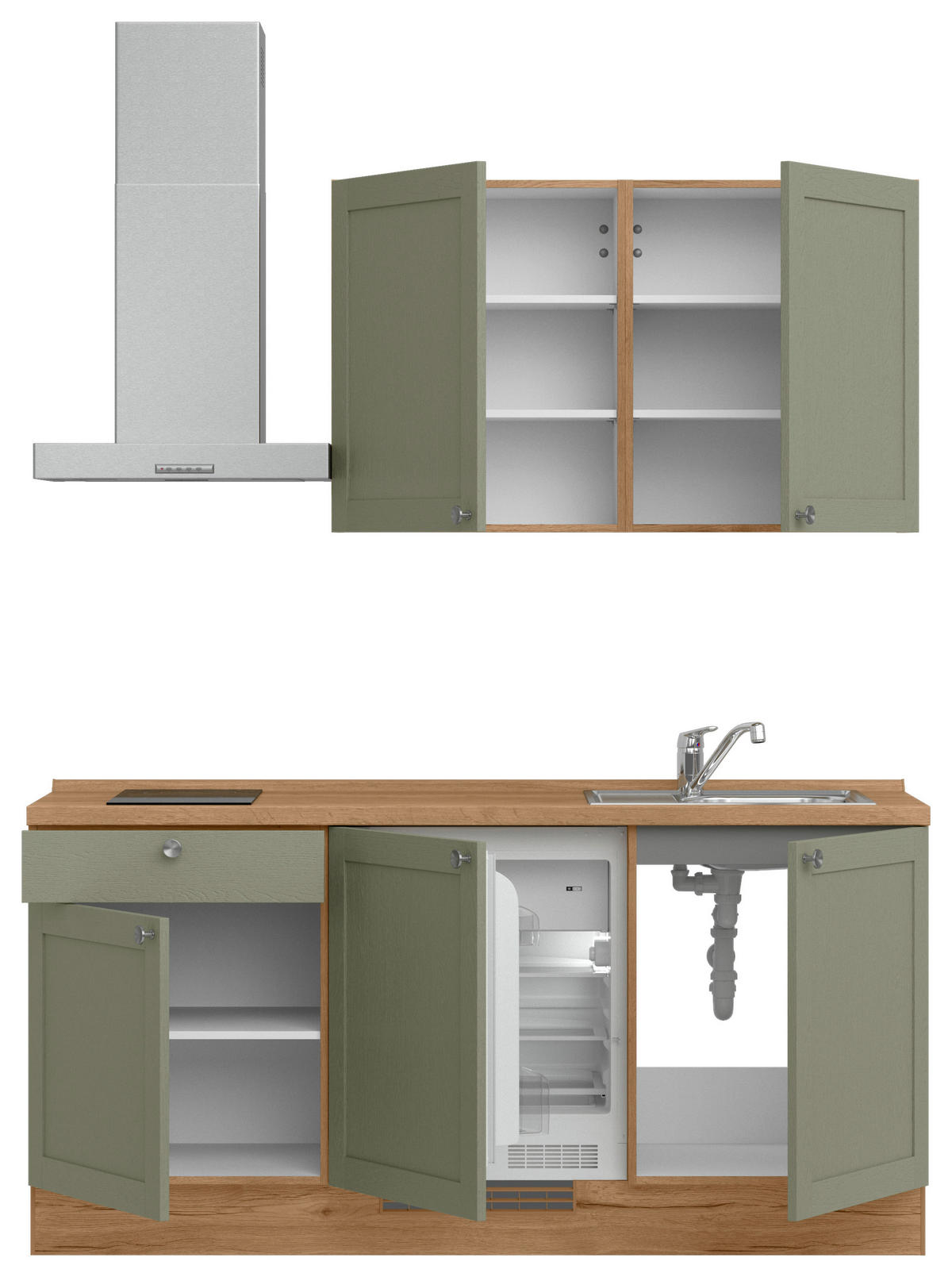 KÜCHENBLOCK Frame 180 cm  in Eichefarben, Olivgrün  - Edelstahlfarben/Eichefarben, MODERN, Holzwerkstoff/Metall (180cm) - Nobilia