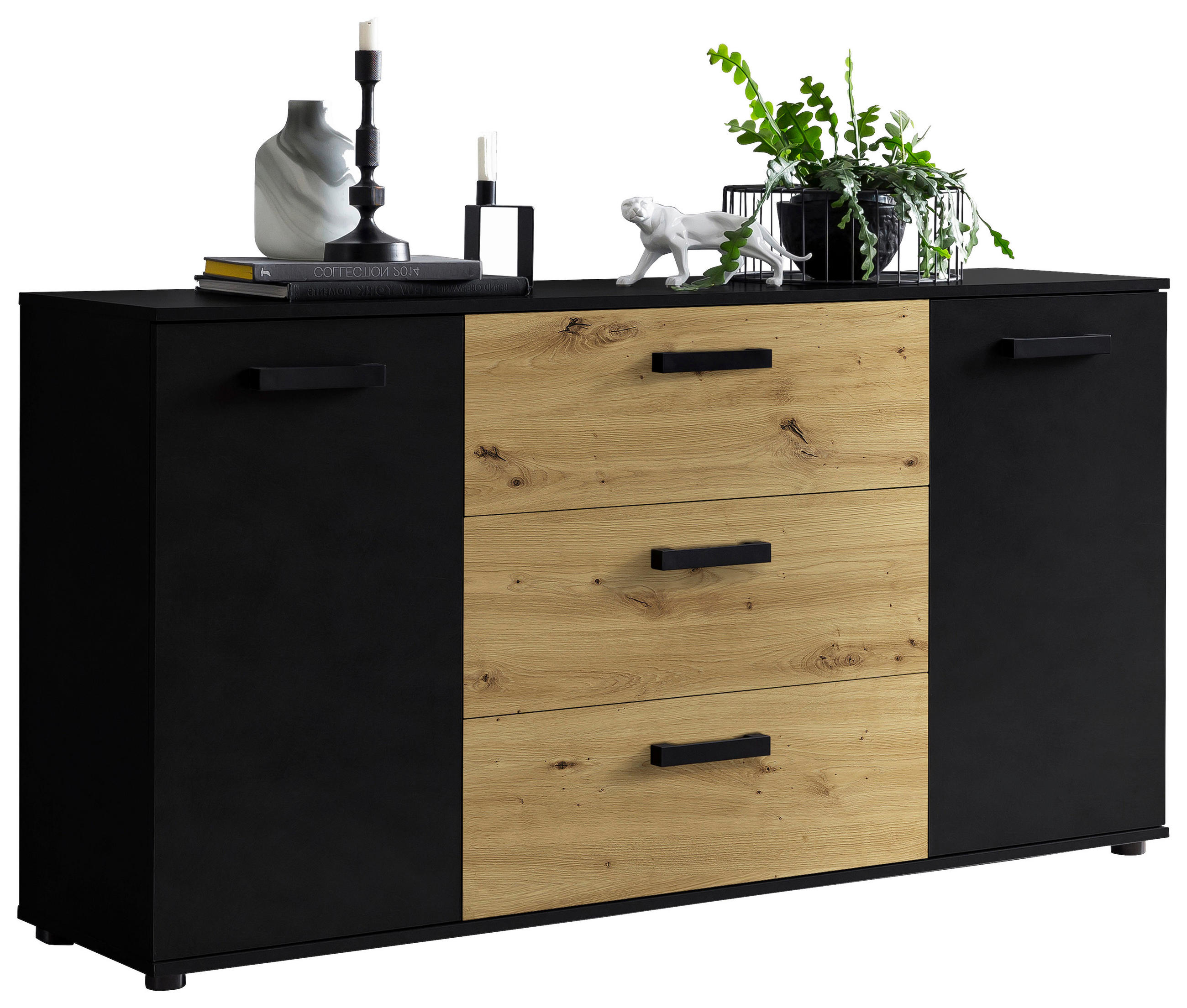 SIDEBOARD Schwarz, Eiche Artisan Einlegeböden, Türdämpfer  - Schwarz/Eiche Artisan, KONVENTIONELL, Holzwerkstoff/Kunststoff (150/78,9/38,5cm) - Carryhome