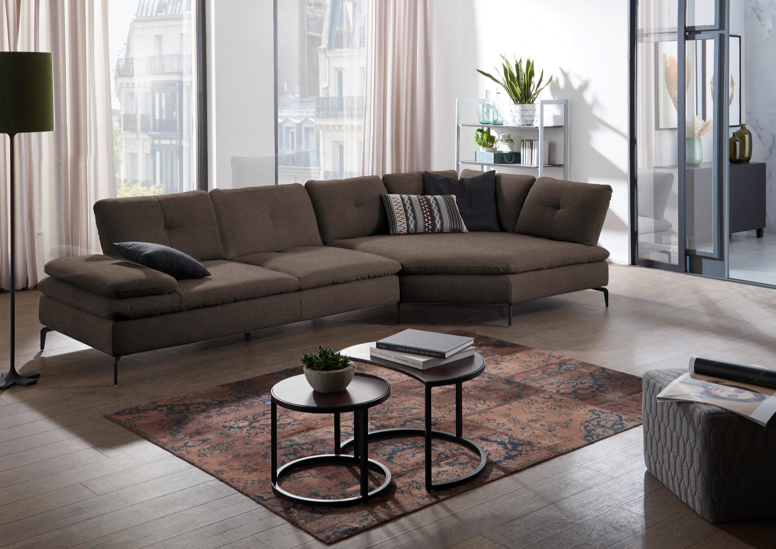 ECKSOFA in Flachgewebe Dunkelbraun  344/157 cm  - Dunkelbraun/Schwarz, Design, Textil/Metall (344/157cm) - Chilliano