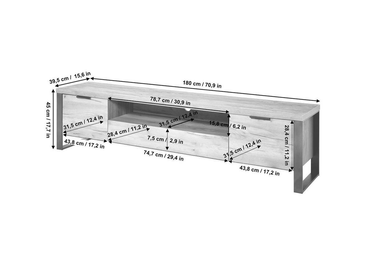 LOWBOARD  in 180/45/40 cm  - Eichefarben/Anthrazit, KONVENTIONELL, Holzwerkstoff/Metall (180/45/40cm) - Livetastic