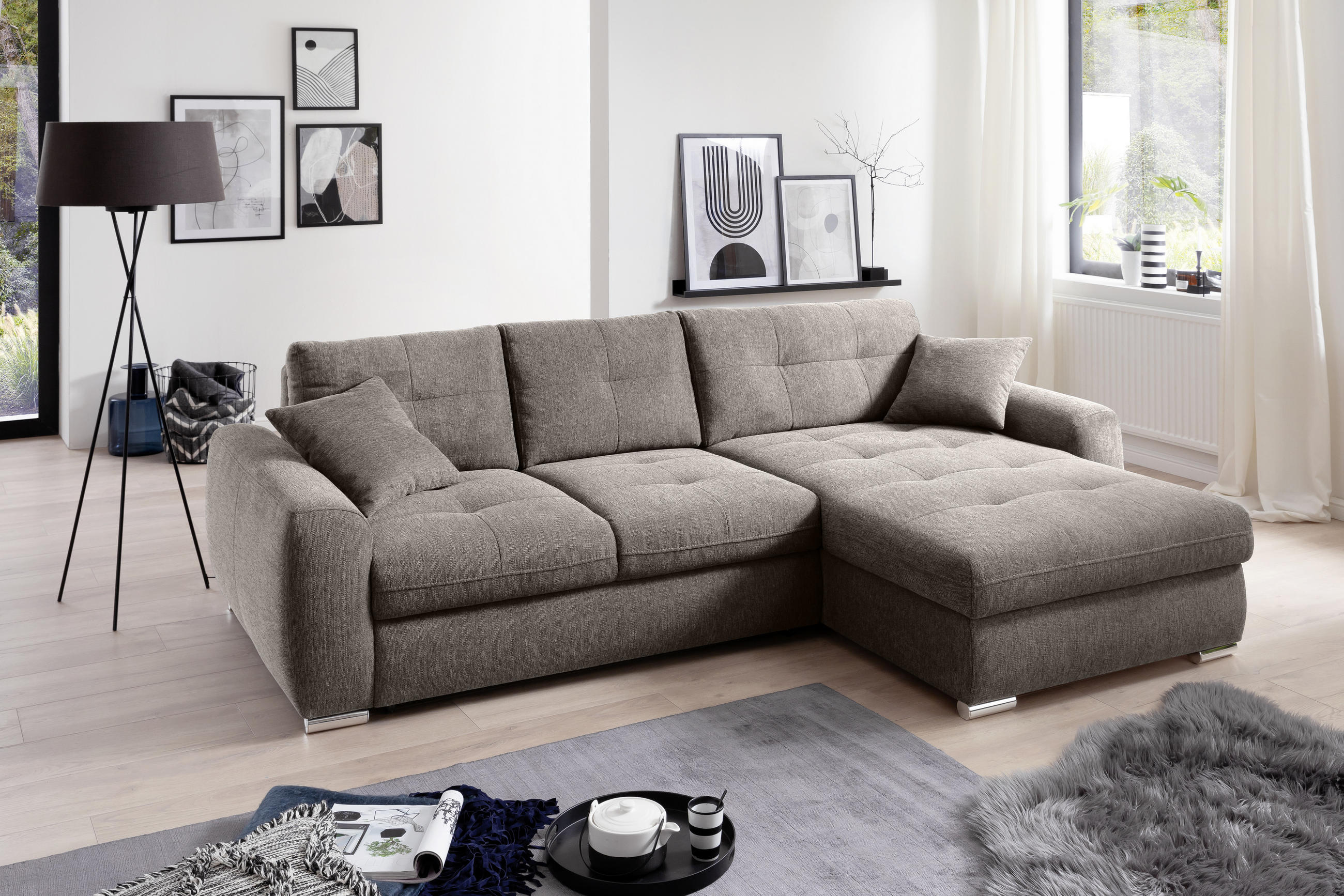 ECKSOFA in Mikrofaser Taupe - Taupe/Chromfarben, Modern, Kunststoff/Textil (276/193cm) - Hom`in