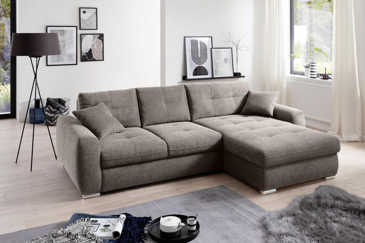 ECKSOFA in Mikrofaser Taupe  - Taupe/Chromfarben, Modern, Kunststoff/Textil (276/193cm) - Hom`in