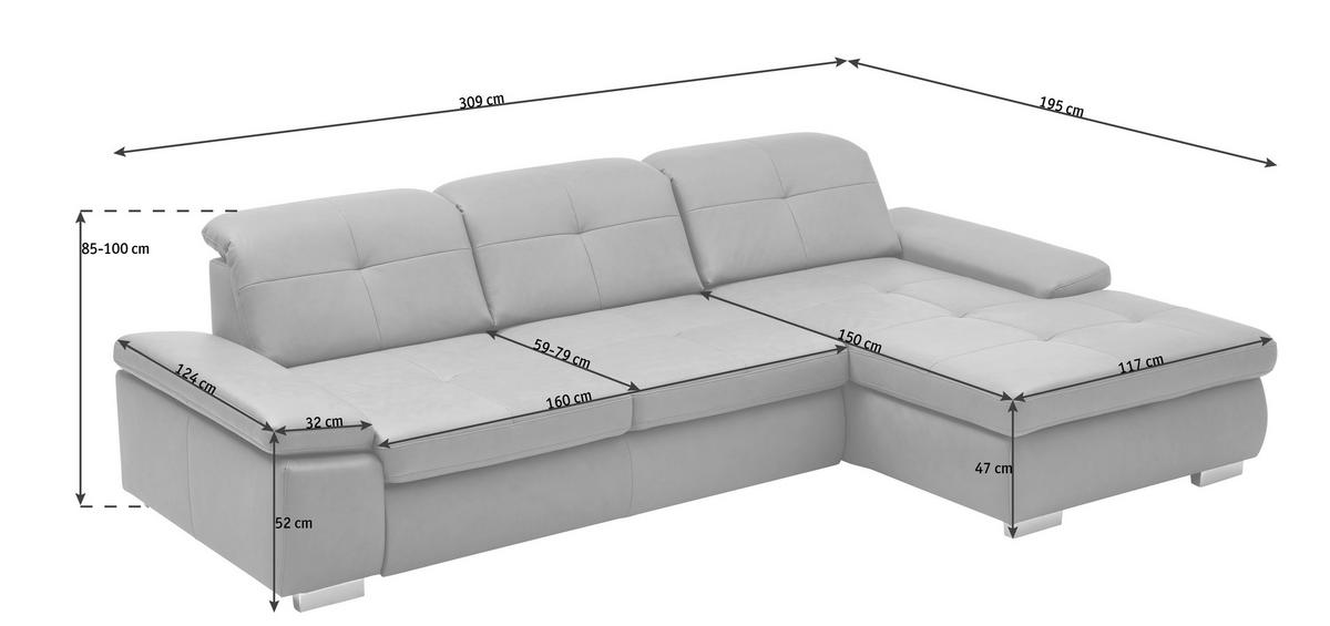 ECKSOFA  in Echtleder Grau  309/195 cm  - Alufarben/Grau, Design, Leder/Metall (309/195cm) - Beldomo Premium