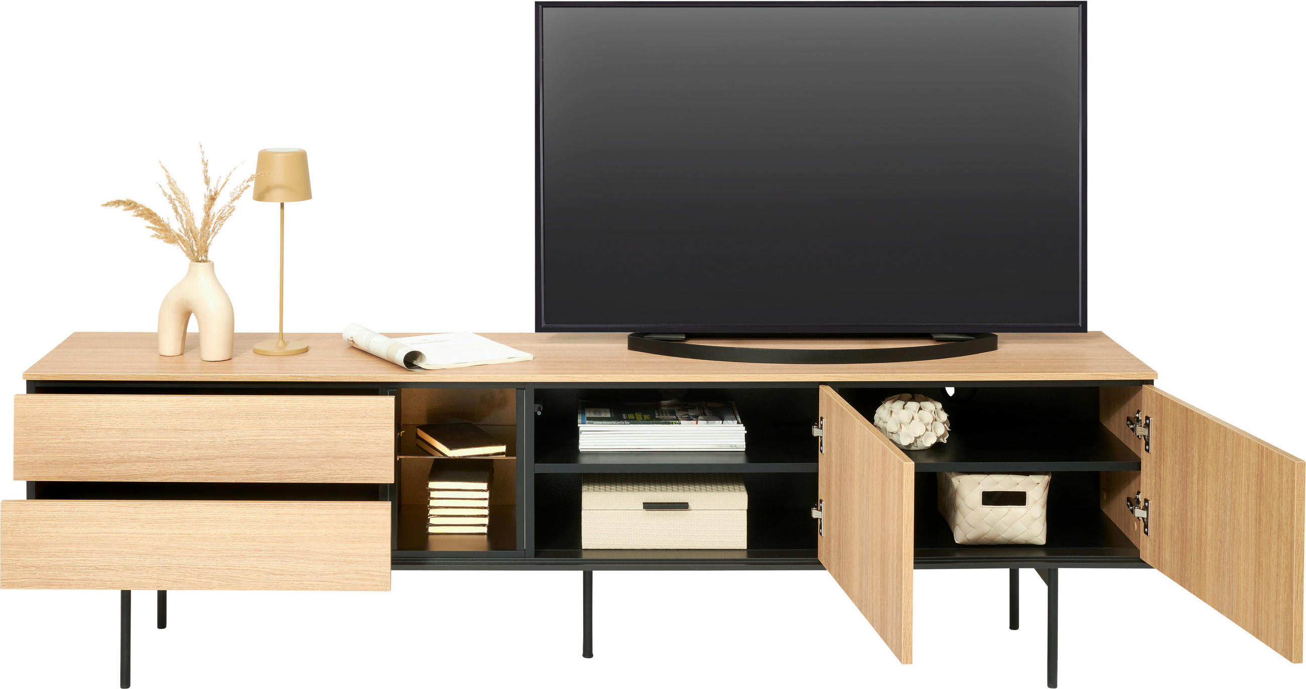 TV-ELEMENT Schwarz, Eichefarben  197/56/41 cm  - Eichefarben/Schwarz, Basics, Glas/Holzwerkstoff (197/56/41cm) - Hom`in