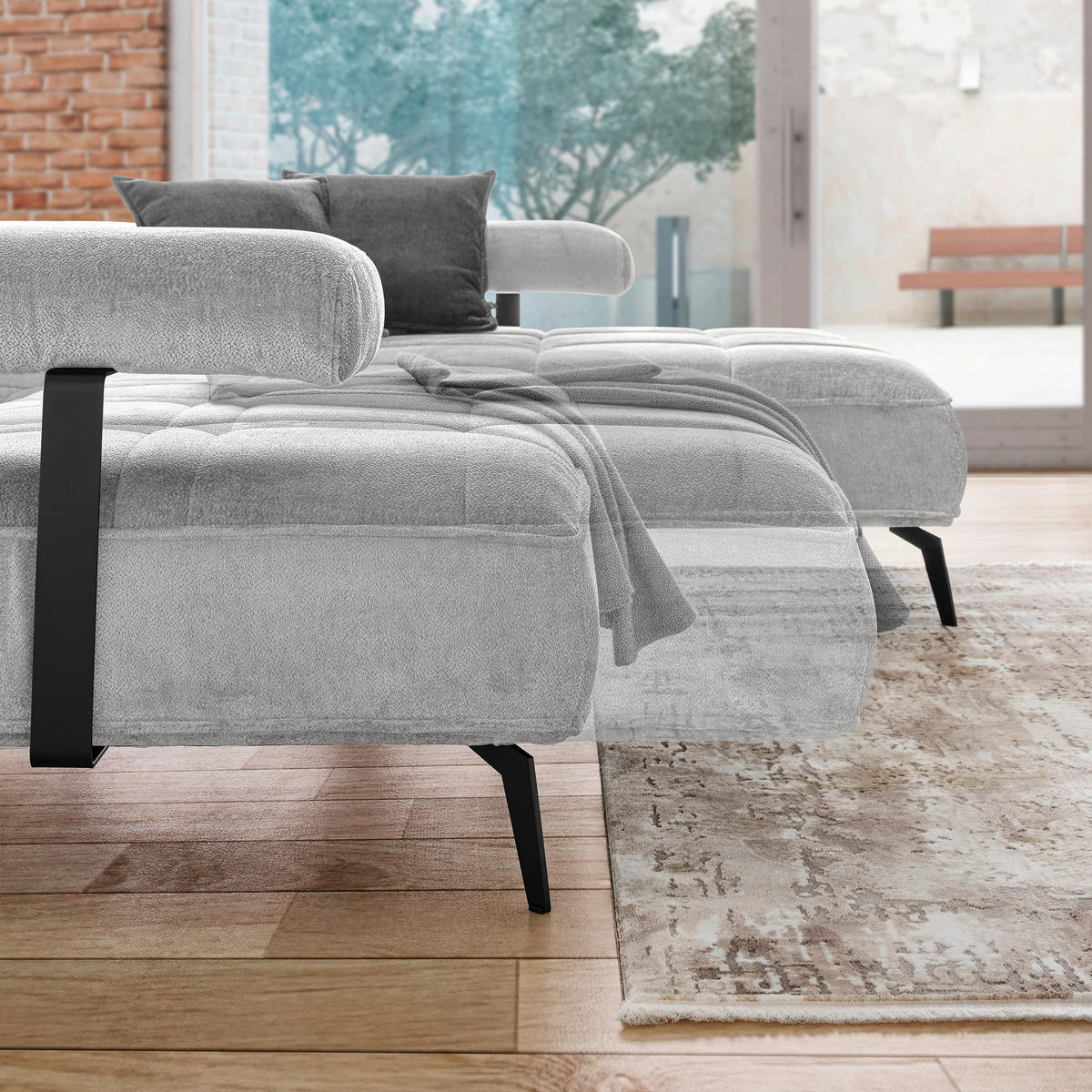 ECKSOFA in Webstoff Grau  - Schwarz/Grau, Design, Textil/Metall (266/180cm) - Welnova
