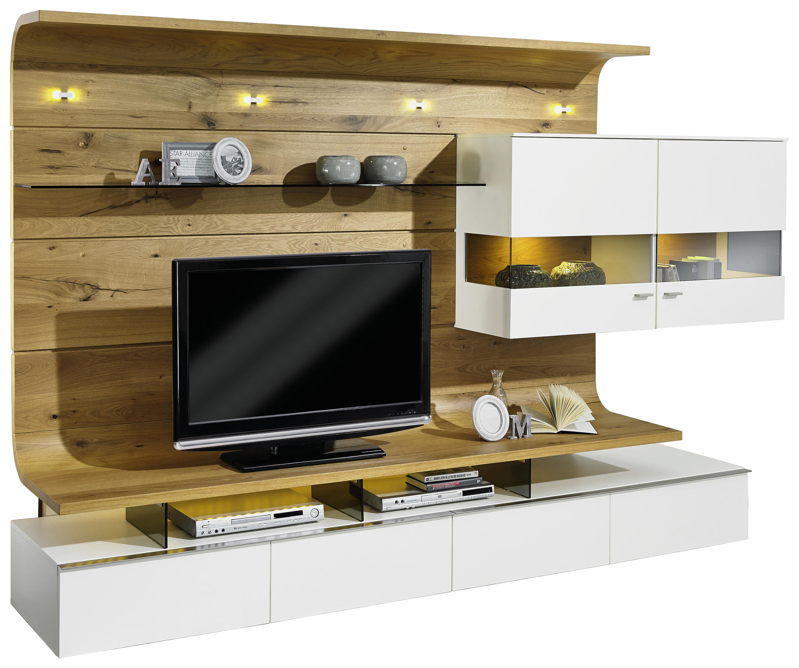 WOHNWAND Eiche furniert Weiß, Eichefarben Befestigungsmaterial - Eichefarben/Weiß, Design, Glas/Holz (292,5/186,8/41,2-55,7cm) - Moderano