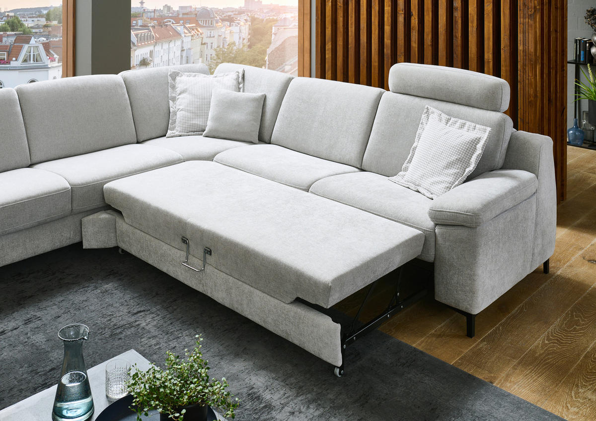ECKSOFA in Chenille Hellgrau  - Hellgrau/Schwarz, Design, Textil/Metall (278/278cm) - Valdera