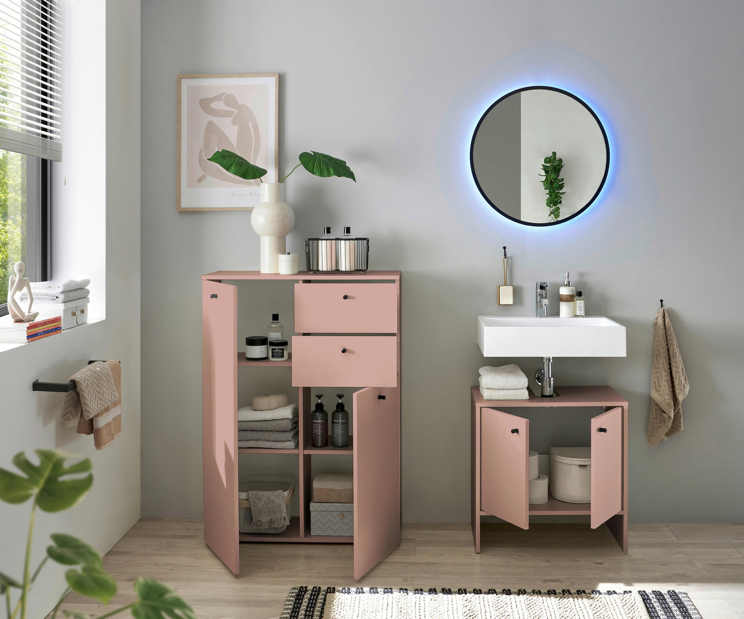 Thumbnail - Mid.you Midischrank, Rosa, Kunststoff, 3 Fächer, 2 Schubladen, 80x110x30 cm, Made in EU, stehend, Badezimmer, Badezimmer...