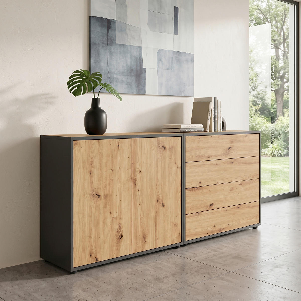 SIDEBOARD Mailand Set 3 158/73/33 cm 4 Schublade(n)  - Anthrazit/Schwarz, MODERN, Holzwerkstoff/Kunststoff (158/73/33cm) - MID.YOU