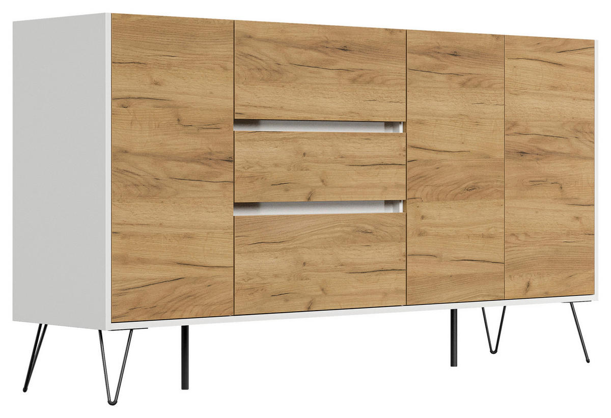 SIDEBOARD Posseik Industrial 177/93,6/42 cm 3 Schublade(n)  - Eichefarben/Weiß Hochglanz, Design, Holzwerkstoff/Metall (177/93,6/42cm) - P & B