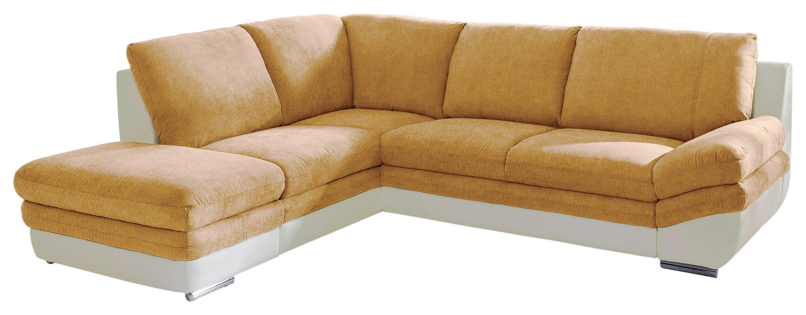 WOHNLANDSCHAFT Creme, Dunkelgelb Chenille, Lederlook Bettkasten, Schlaffunktion, Rücken echt  - Chromfarben/Dunkelgelb, MODERN, Textil/Metall (221/264cm) - MID.YOU