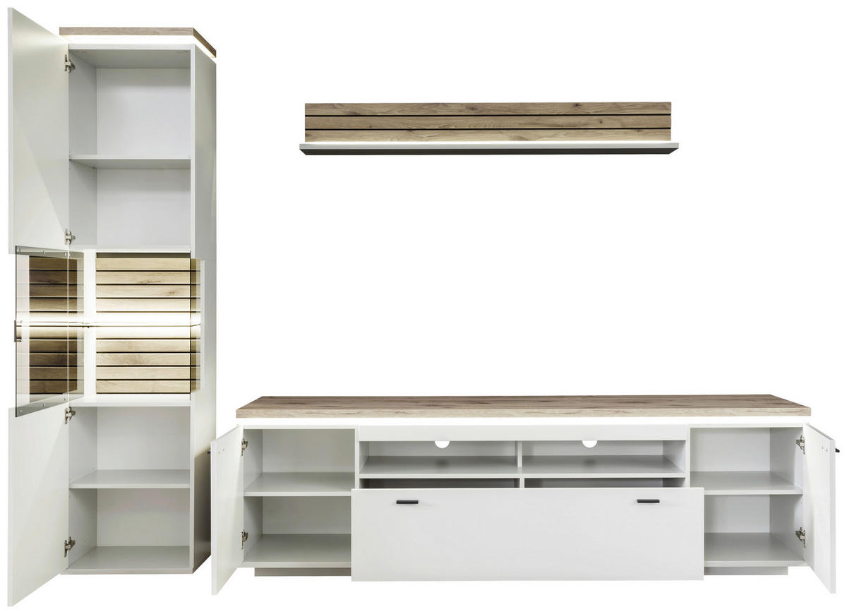 WOHNWAND 3-teilig  in Weiß, Eichefarben   - Eichefarben/Anthrazit, Design, Glas/Holzwerkstoff (270/207/50cm) - Stylife