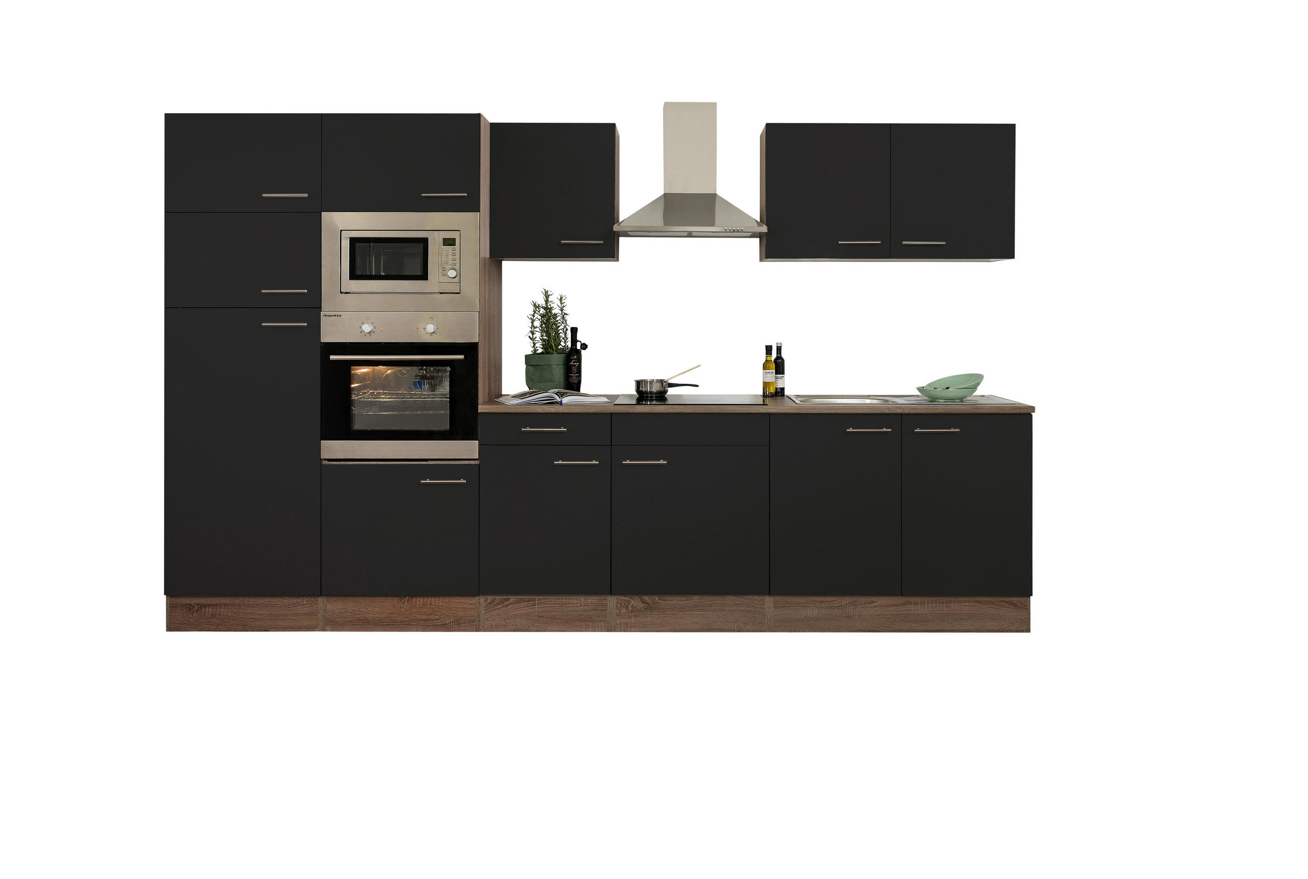 KÜCHENBLOCK 330 cm Schwarz E-Geräte, Spüle, Kühlgefrierkombination, Dunstabzug, Ab- und Überlaufgarnitur - Edelstahlfarben/Eichefarben, Design, Metall (330cm) - Respekta