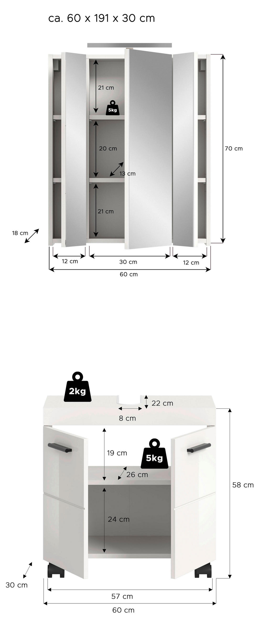 BADEZIMMER 2-teilig  in 60 cm  - Weiß Hochglanz/Schwarz, Trend, Glas/Holzwerkstoff (60cm) - MID.YOU