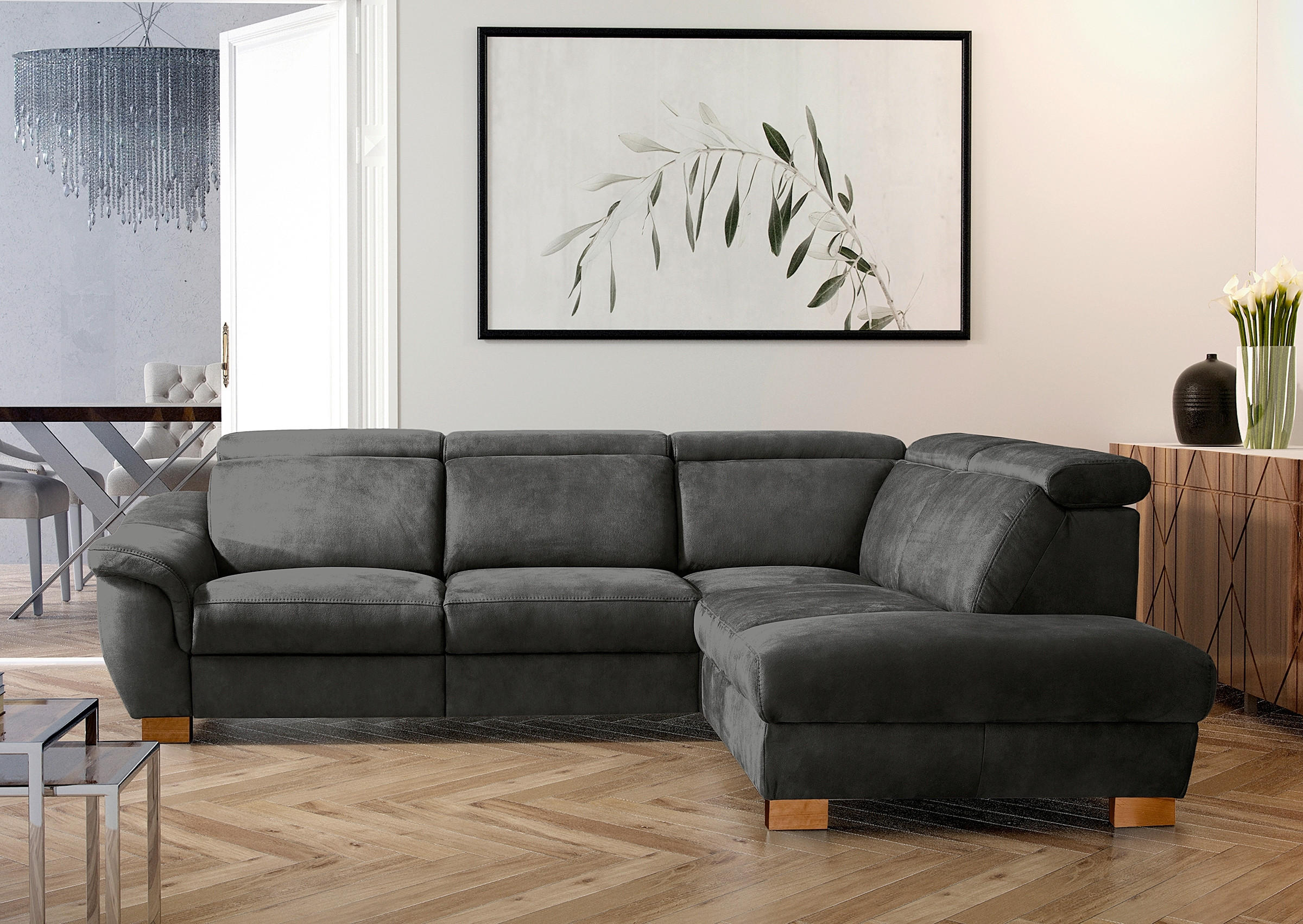 ECKSOFA Mikrofaser Anthrazit  - Anthrazit/Naturfarben, Design, Holz/Textil (276/238cm) - Livetastic
