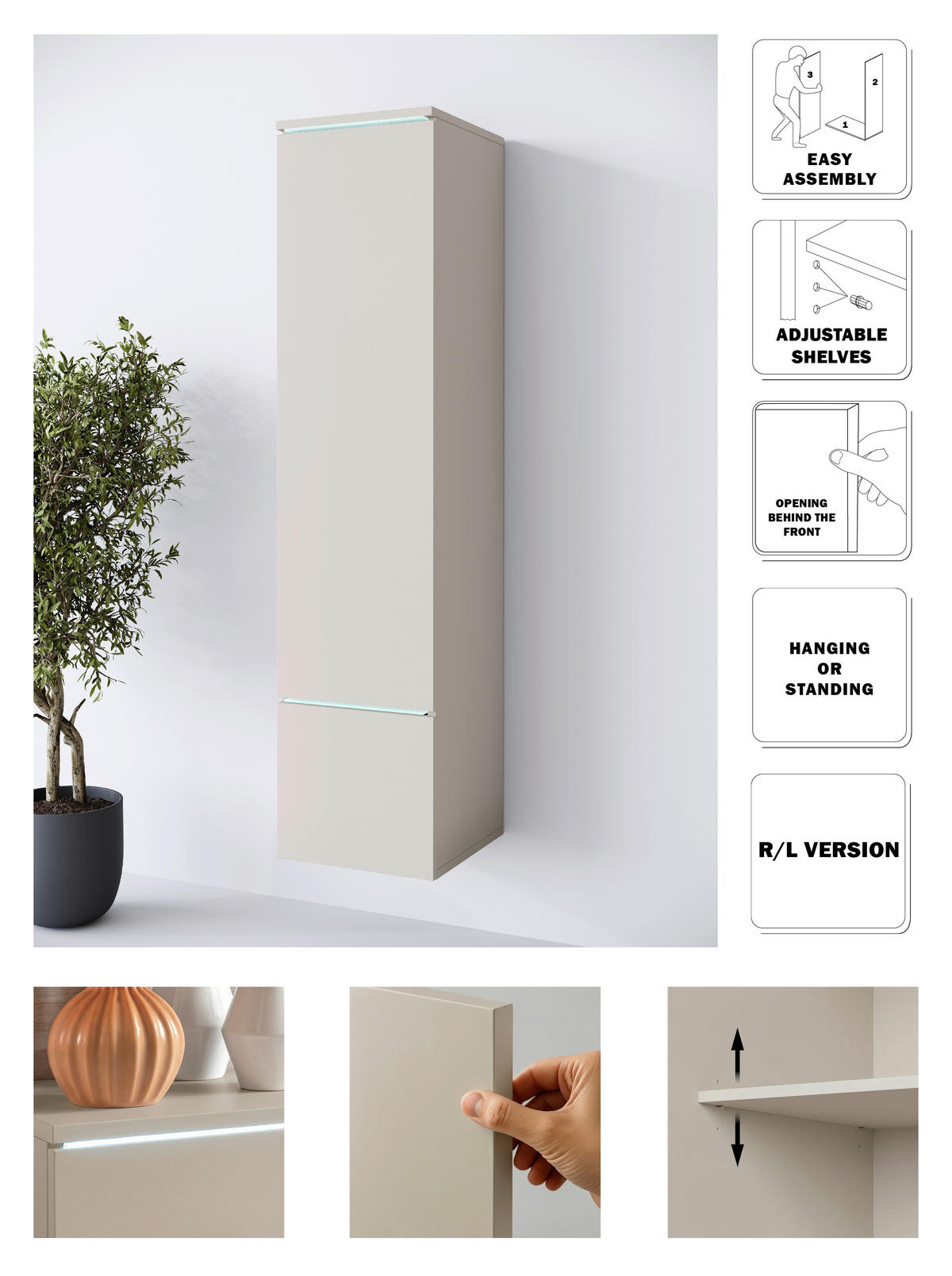 VYSOKÁ SKRINKA - sivá/kašmírová, Design, kompozitné drevo/plast (30/130/33cm) - P & B