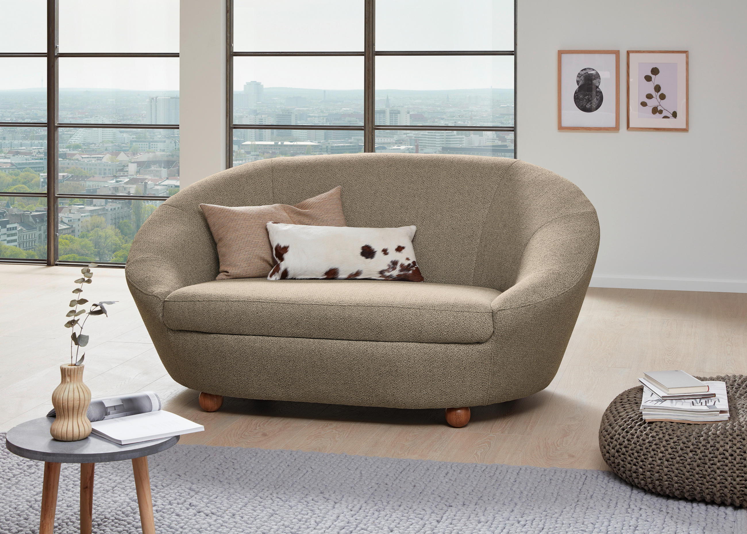 2-SITZER-SOFA Webstoff Braun, Grau, Beige  - Eichefarben/Beige, Design, Holz/Textil (178/82/114cm) - LOOKS by W.Joop