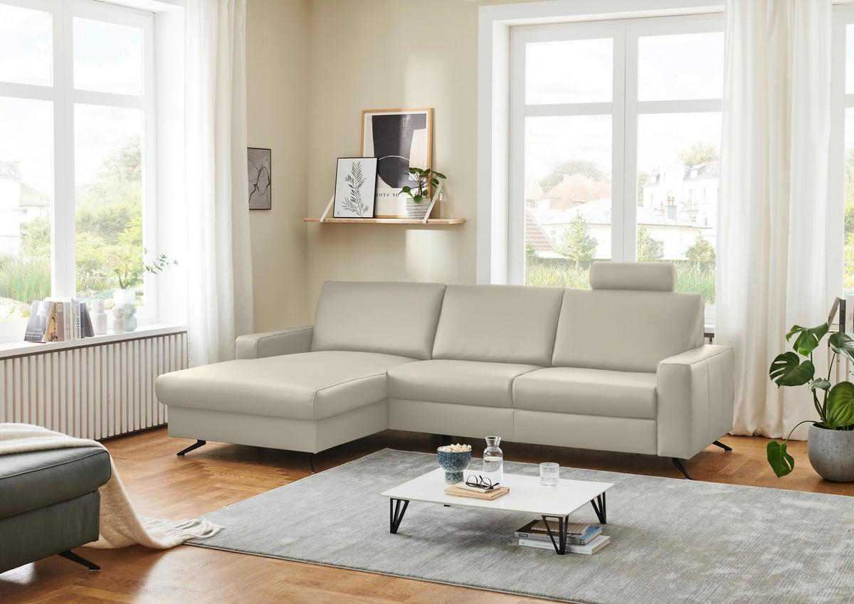 ECKSOFA in Echtleder Ecru  165/267 cm  - Ecru/Schwarz, Design, Leder/Metall (165/267cm) - Beldomo Premium
