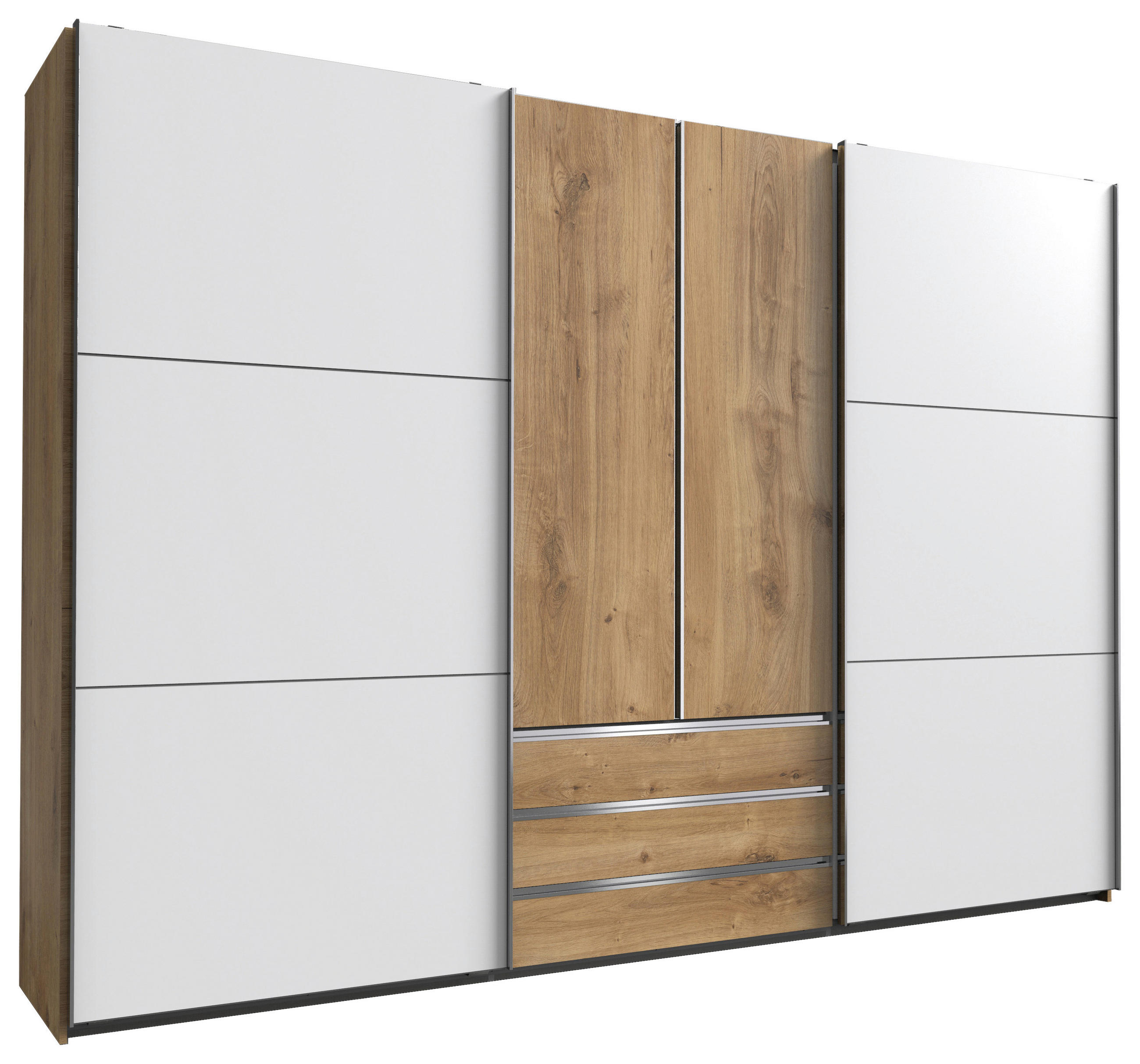 SCHWEBETÜRENSCHRANK 300/216/65 cm 4-türig Weiß, Eichefarben  - Chromfarben/Eichefarben, MODERN, Holzwerkstoff/Metall (300/216/65cm) - MID.YOU