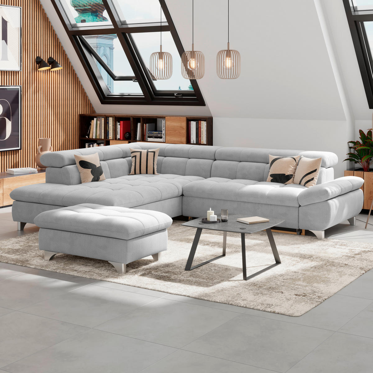 ECKSOFA Hellgrau Chenille  - Chromfarben/Hellgrau, KONVENTIONELL, Textil/Metall (234/312cm) - Livetastic
