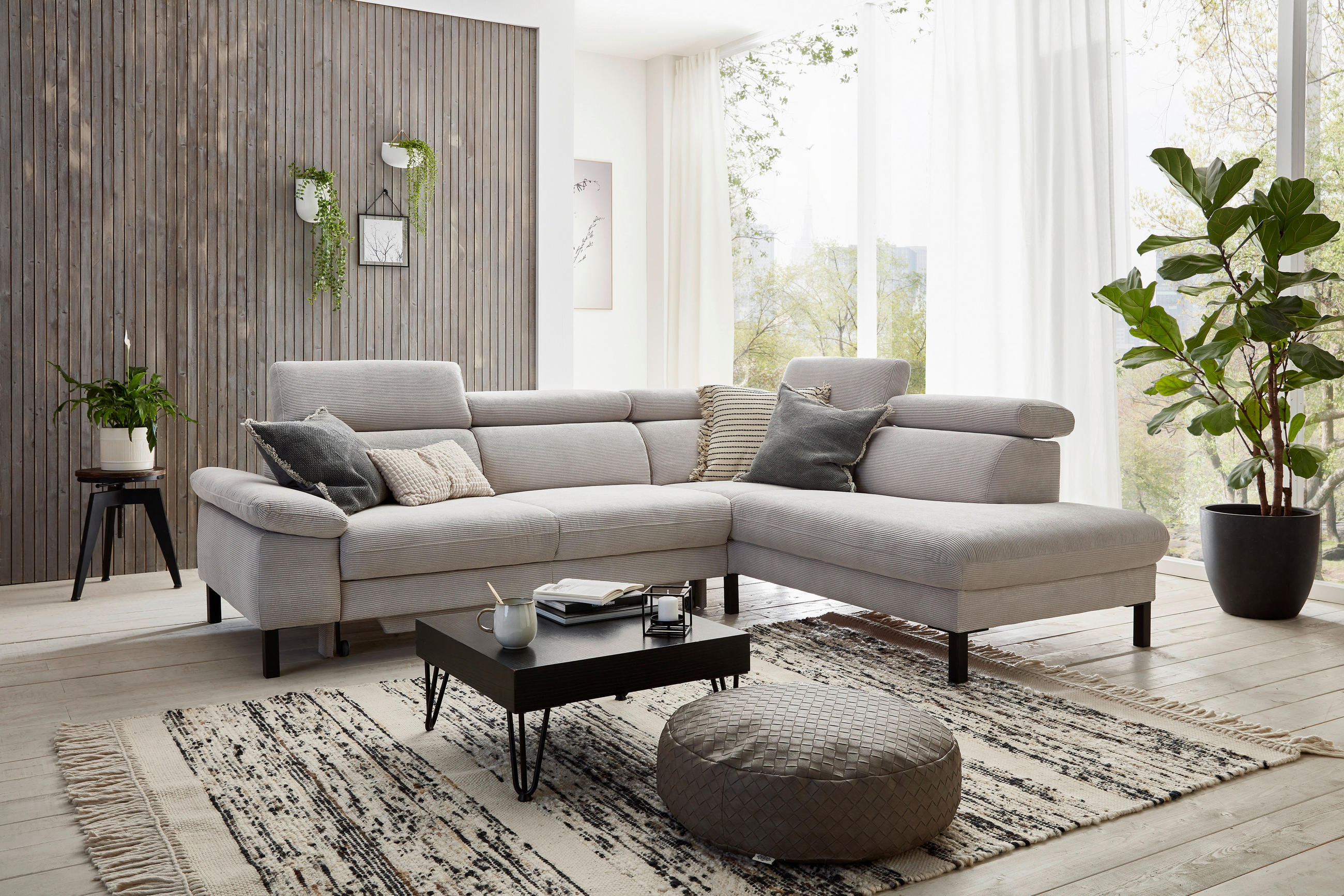 ECKSOFA inkl. Funktionen Grau Cord  - Schwarz/Grau, Design, Textil/Metall (272/217cm) - Pure Home Comfort