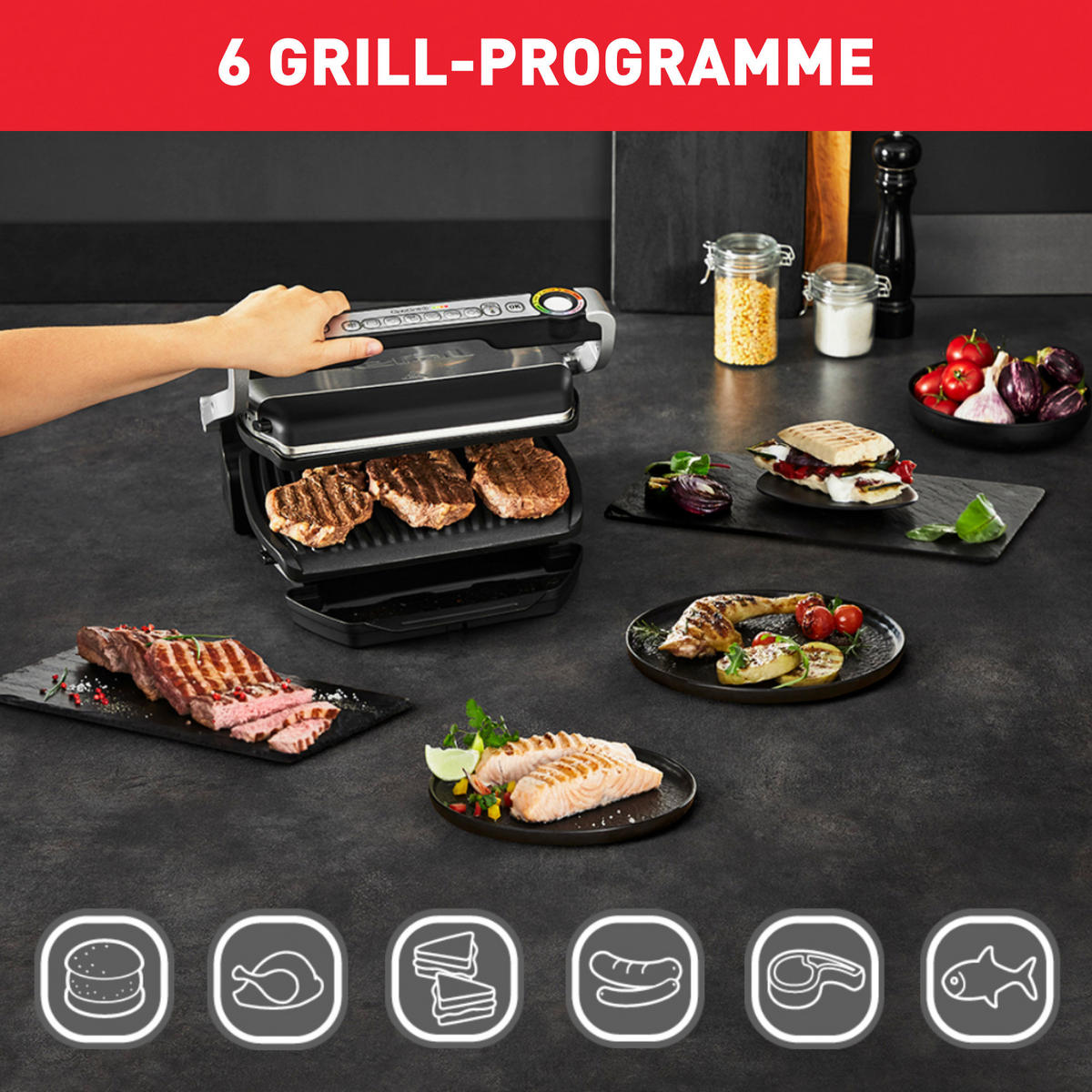 KONTAKTGRILL Optigrill+ GC712D  - Chromfarben/Schwarz, Basics (39,9/22,9/36,9cm) - Tefal