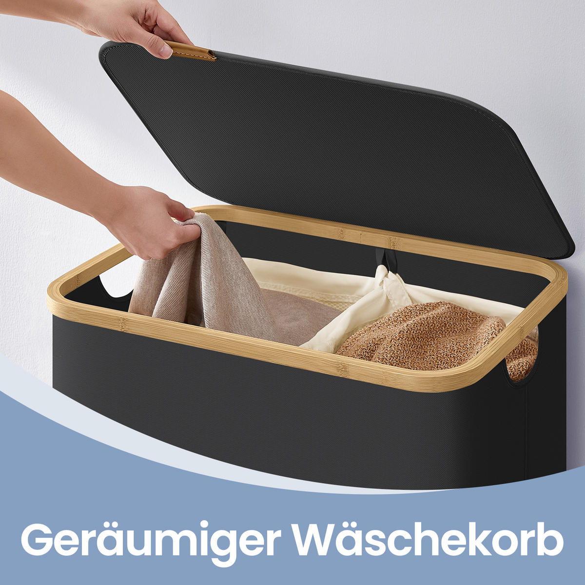 WÄSCHEKORB - Schwarz, Basics, Naturmaterialien/Textil (52/70.5/38.5cm)