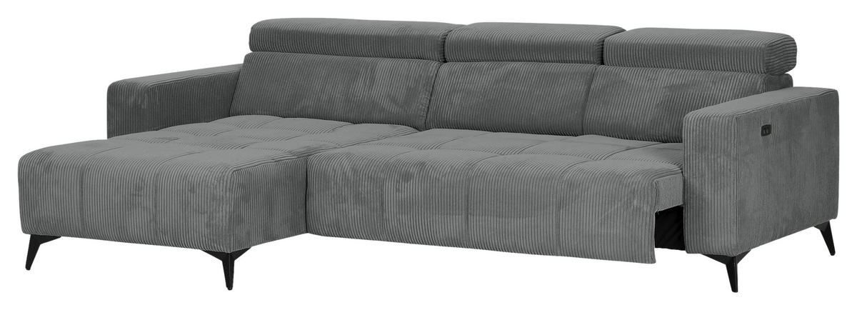 ECKSOFA Dunkelgrau Cord Rücken echt, Kopfteilverstellung, Sitzvorzug  - Dunkelgrau/Schwarz, KONVENTIONELL, Textil/Metall (170/257cm) - Carryhome