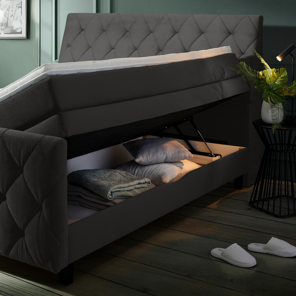 BOXSPRINGBETT 180/200 cm  in Dunkelgrau  - Dunkelgrau/Schwarz, KONVENTIONELL, Holz/Textil (180/200cm) - Ti'me