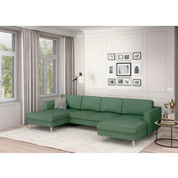 WOHNLANDSCHAFT Dunkelgrün Struktur  - Dunkelgrün/Buchefarben, MODERN, Holz/Textil (161/306/161cm) - Trendmanufaktur