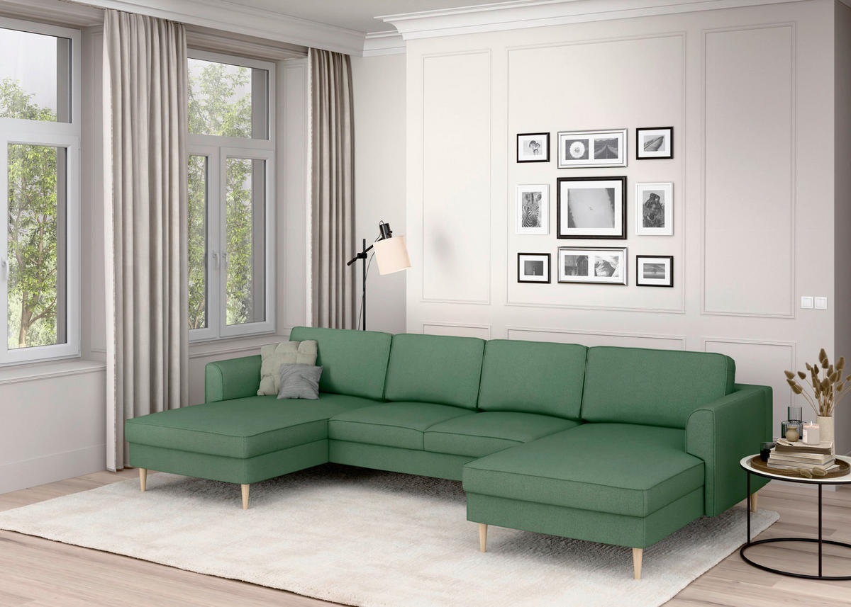 WOHNLANDSCHAFT Dunkelgrün Struktur  - Dunkelgrün/Buchefarben, MODERN, Holz/Textil (161/306/161cm) - Trendmanufaktur