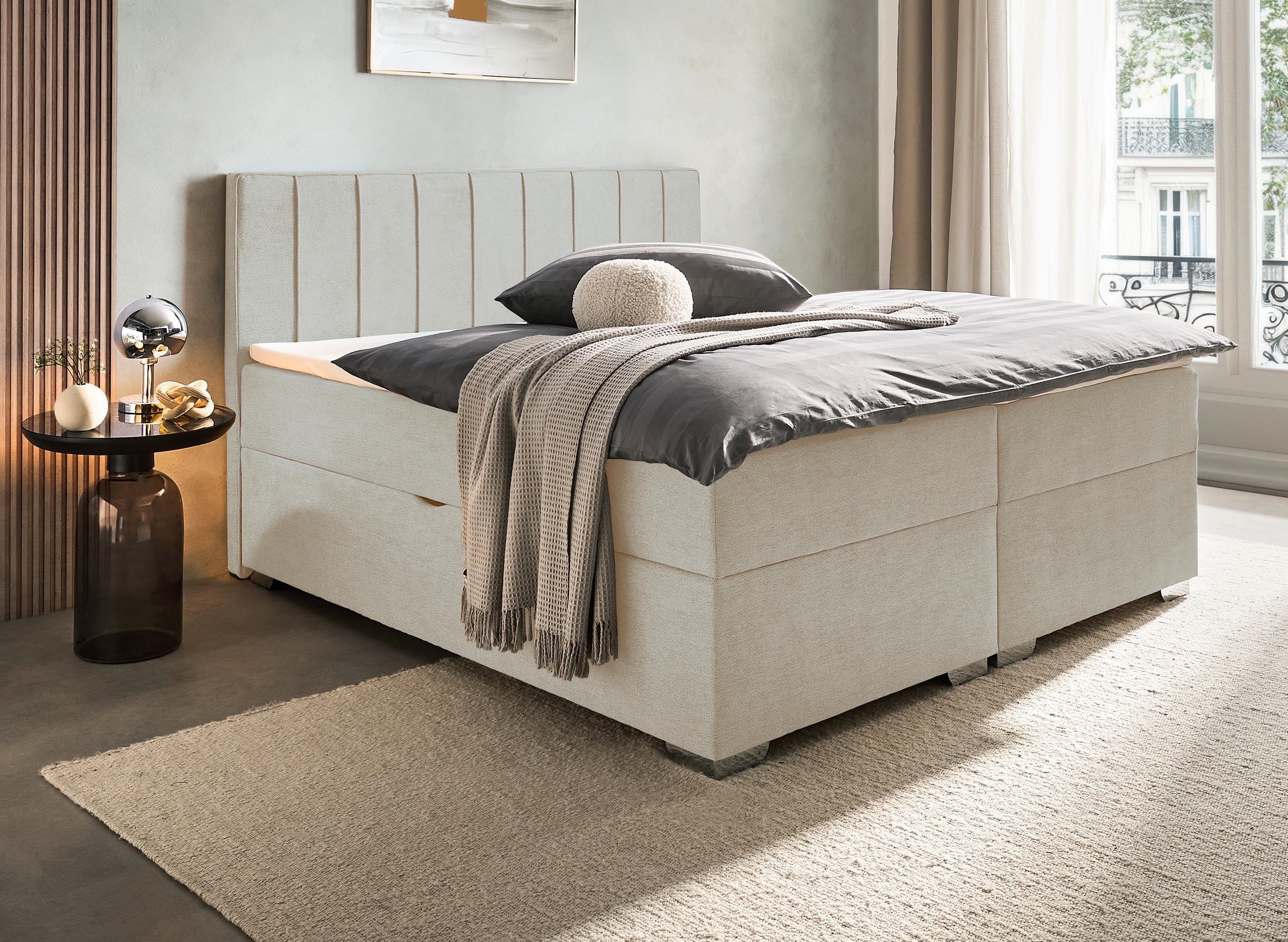 BOXBETT 180/200 cm,  in Creme, Bettkasten, Topper, H3 + H3 = fest  - Chromfarben/Creme, Trend, Kunststoff/Textil (180/200cm) - Boxxx