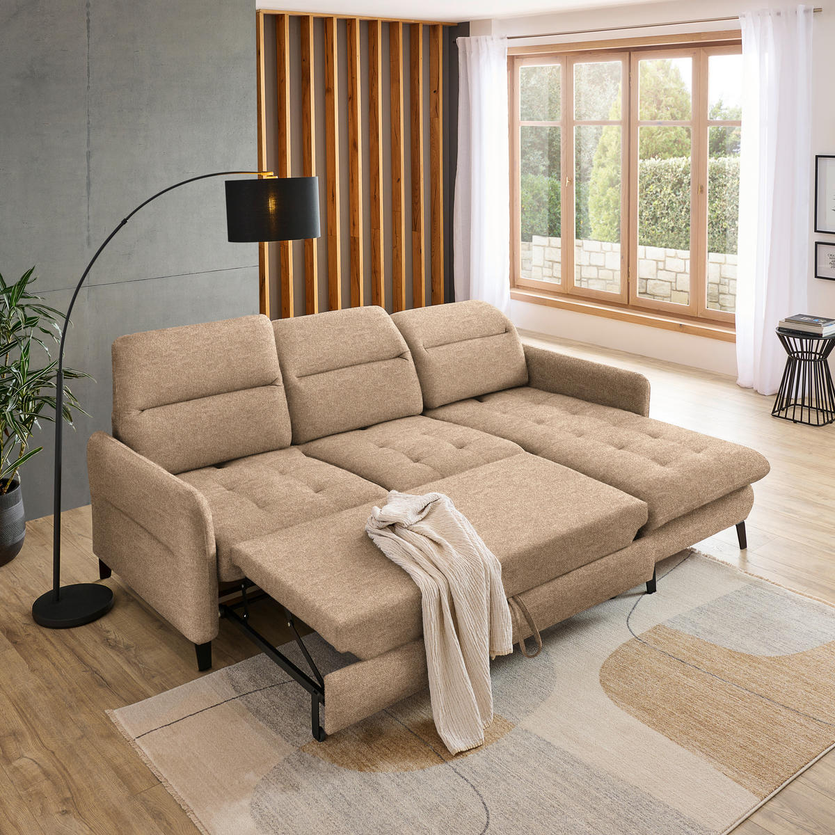 ECKSOFA Hellbraun Plüsch  - Hellbraun/Schwarz, KONVENTIONELL, Textil/Metall (254/190cm) - Livetastic