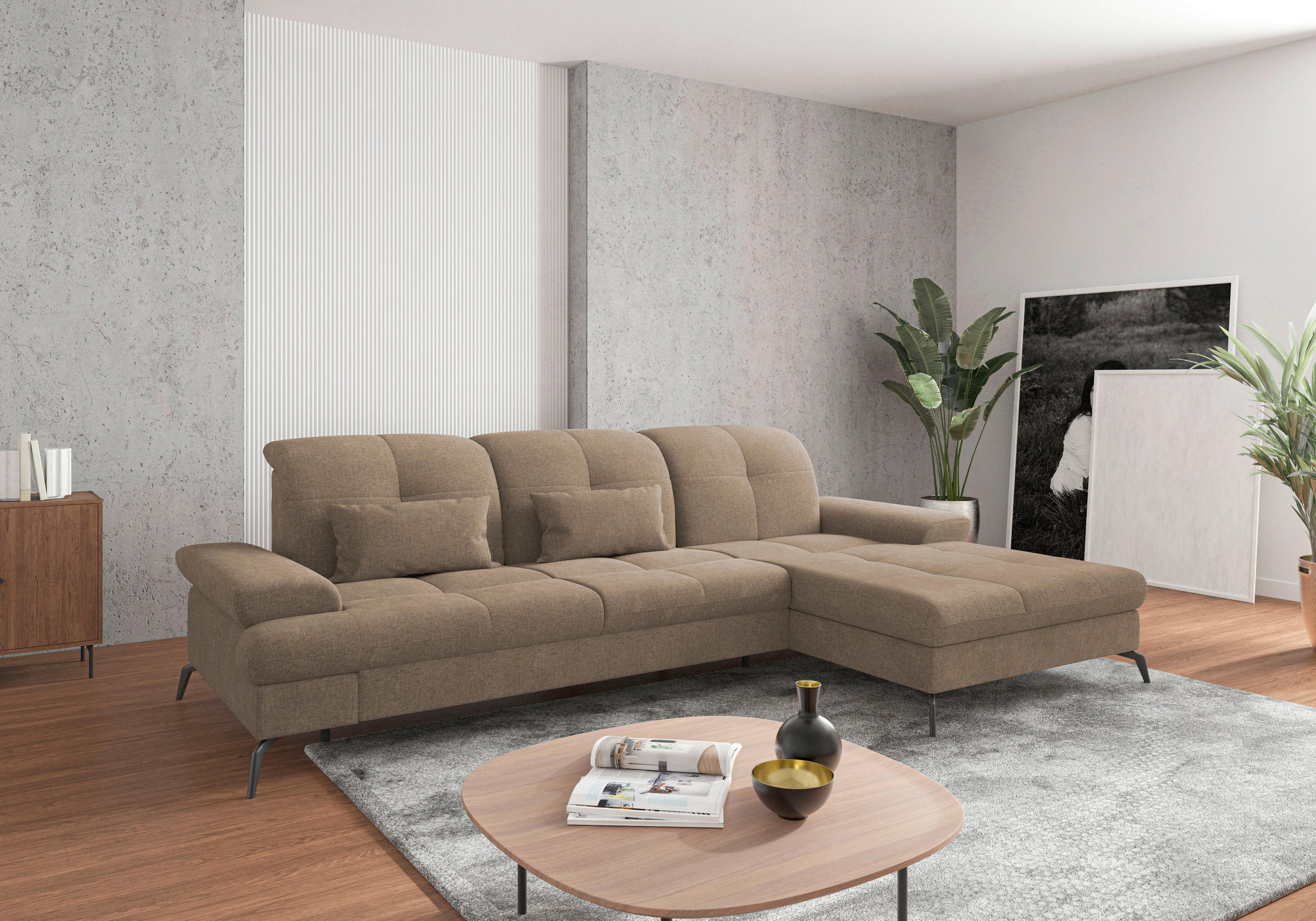 ECKSOFA Hellbraun Flachgewebe  - Hellbraun/Schwarz, KONVENTIONELL, Textil/Metall (279/185cm) - Sit & More