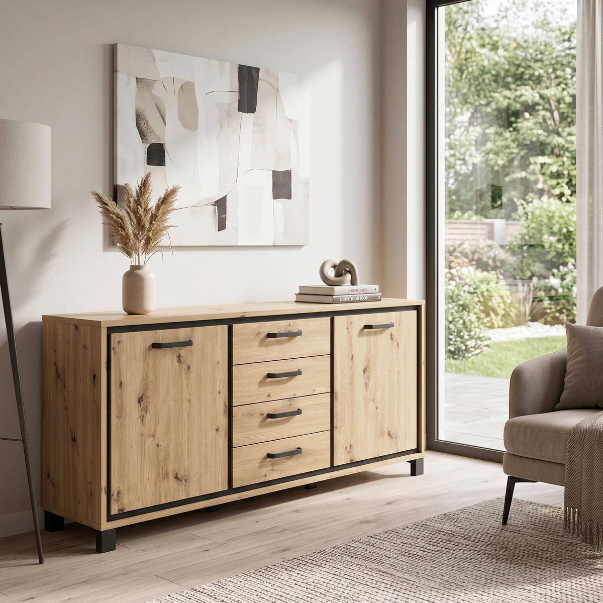 SIDEBOARD  178.4/81,3/41,5 cm 4 Schublade(n)  - Eichefarben/Schwarz, Basics, Holzwerkstoff/Kunststoff (178.4/81,3/41,5cm) - Livetastic