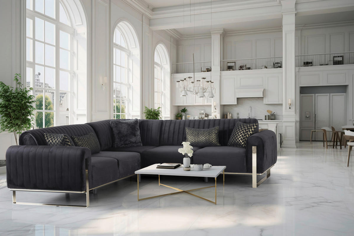 Livetastic ECKSOFA Schwarz Velours, links davon: Topfpflanze in grün, rechts davon: Couchtisch, Hängeschrank in weiß, Regal in grau in hellem Wohnzimmer.