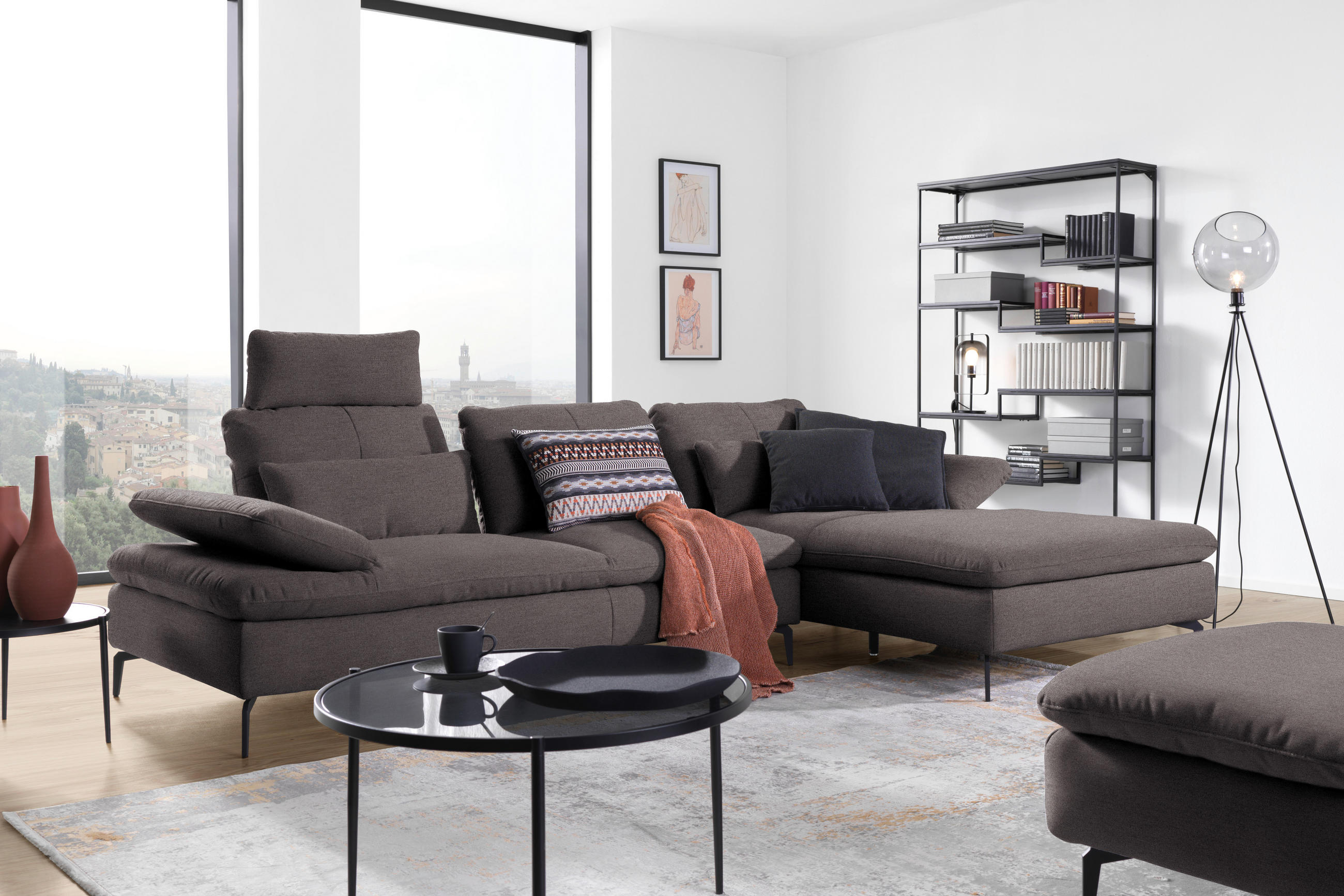 ECKSOFA in Webstoff Graphitfarben  301/179 cm  - Schwarz/Graphitfarben, Design, Textil/Metall (301/179cm) - Chilliano