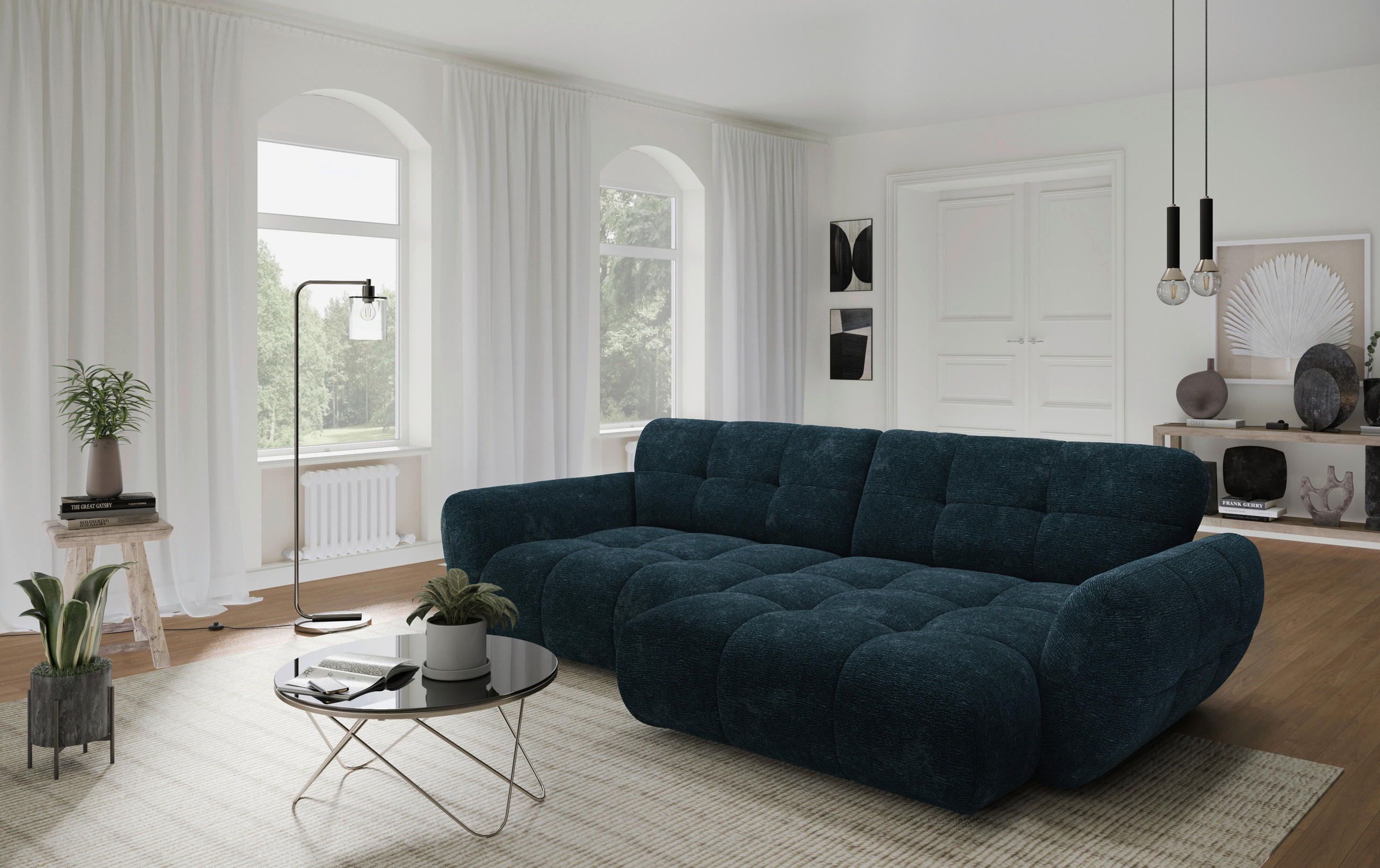 ECKSOFA NIVO Dunkelblau Chenille Rücken echt  - Schwarz/Dunkelblau, MODERN, Kunststoff/Textil (312/175cm) - Livetastic