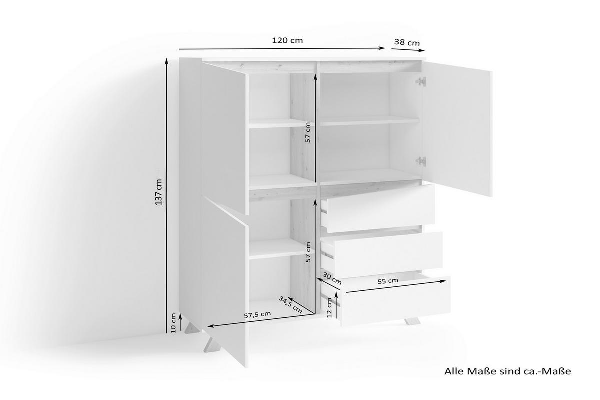 HIGHBOARD  120/137/38 cm 3 Schublade(n)  - Weiss/Eiche Artisan, Modern, Holzwerkstoff (120/137/38cm) - MID.YOU