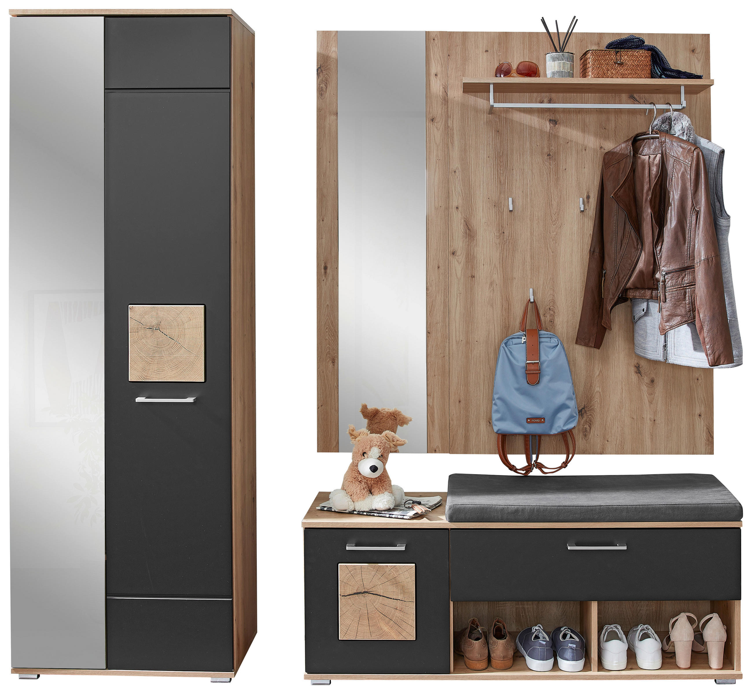 Xora Garderobe Schwarz, Eiche Artisan 206x195x38 cm
