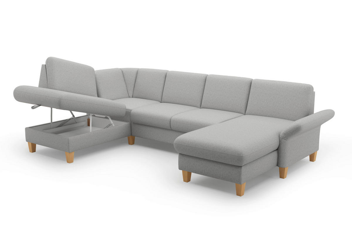 WOHNLANDSCHAFT Hellgrau Flachgewebe  - Eichefarben/Hellgrau, KONVENTIONELL, Holz/Textil (195/314/164cm) - Sit & More