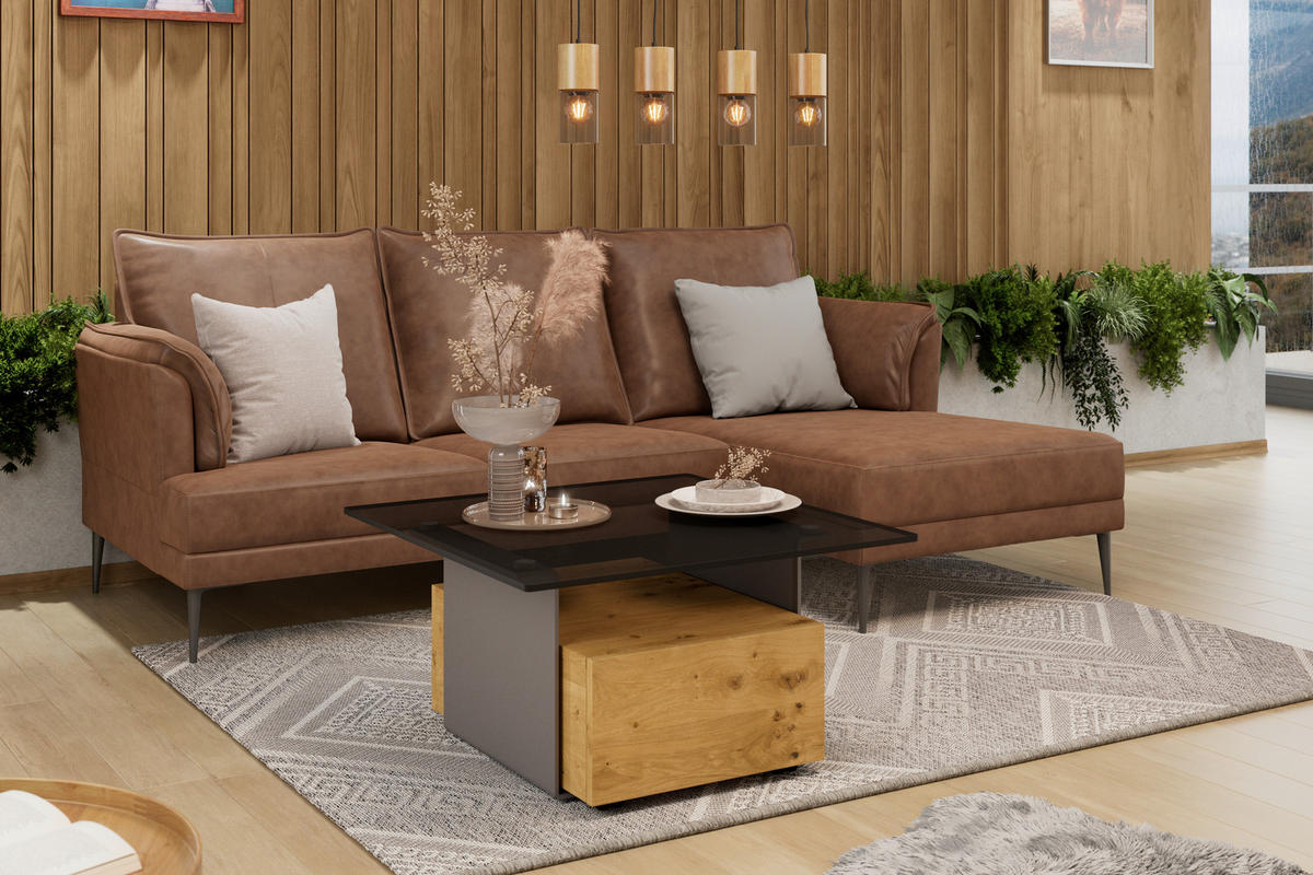 COUCHTISCH in Holz, Metall, Glas 80/80/43 cm  - Eichefarben/Anthrazit, Natur, Glas/Holz (80/80/43cm) - Voglauer