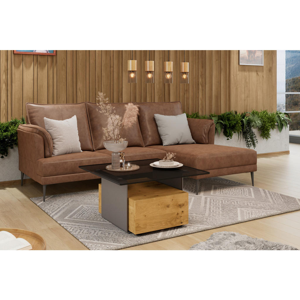 Thumbnail - Voglauer Couchtisch, Anthrazit, Grau, Eiche, Holz, Metall, Glas, Wildeiche, furniert, massiv, 1 Schubladen, quadratisch,...